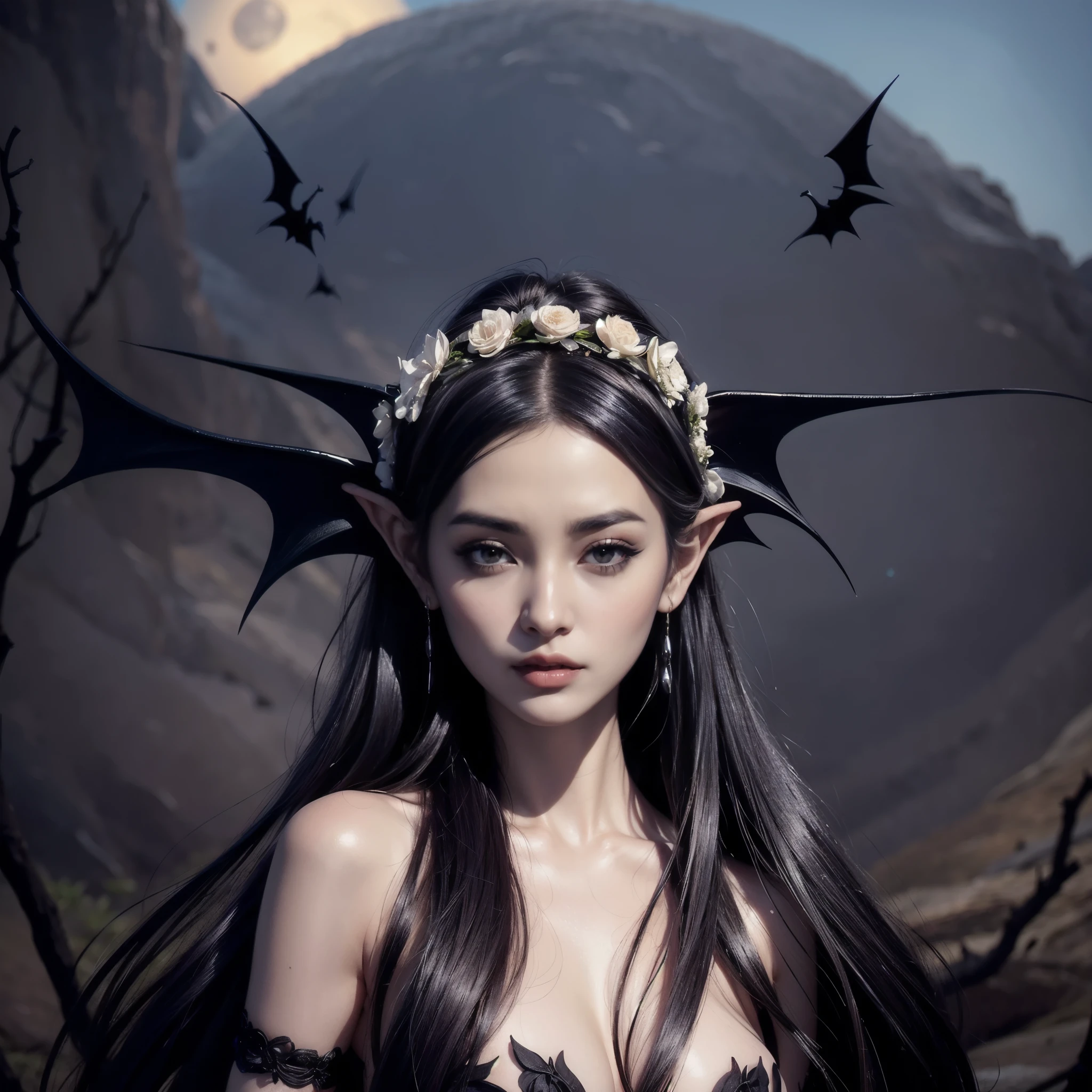A dark elf, with flowing black hair, with flowers on her head and a tiara of black thorns, pale and silky skin (with makeup), beautiful eyes, full lips (dark lipstick), full breasts, wearing gothic earrings, wearing a silk dress low-cut gothic adorned with flowers, with black bat wings behind the head, and in the background a full moon with small bats flying around it, beautiful dark elves of bats from the underworld.