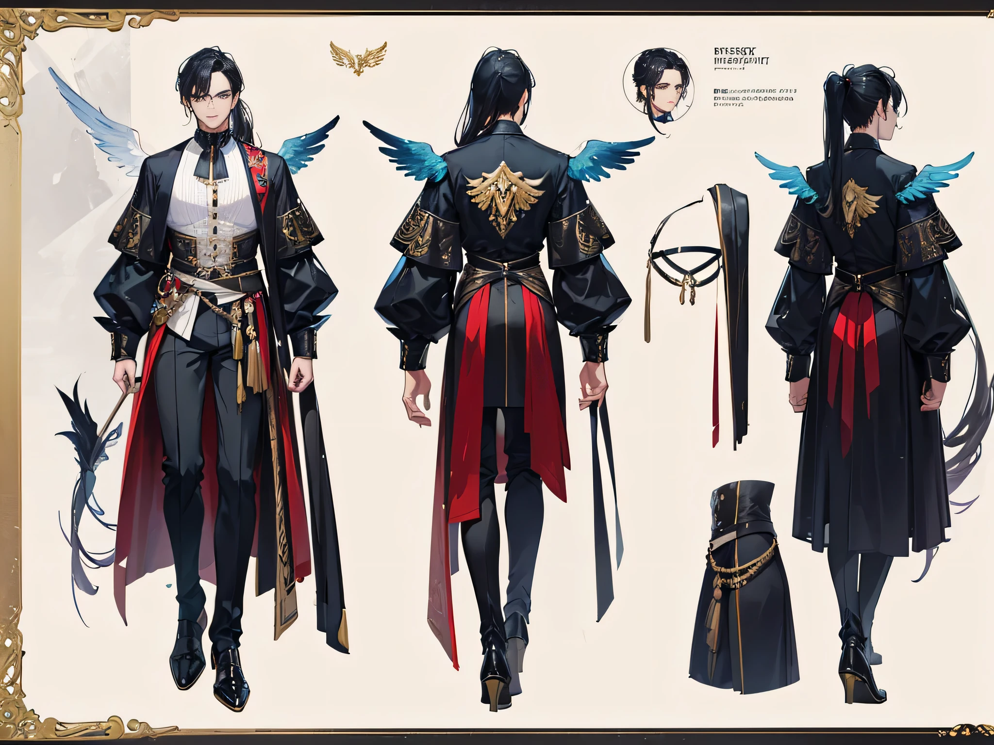 ((Masterpiece, Highest quality)), Male, boy, Detailed face, character design sheet， full bodyesbian, Full of details, frontal body view, back body view, Highly detailed, Depth, Many parts, angel wings, angel outfit, Muscle boy with black ponytail hair, black hair, handsome man, male angel , man tall, pectora