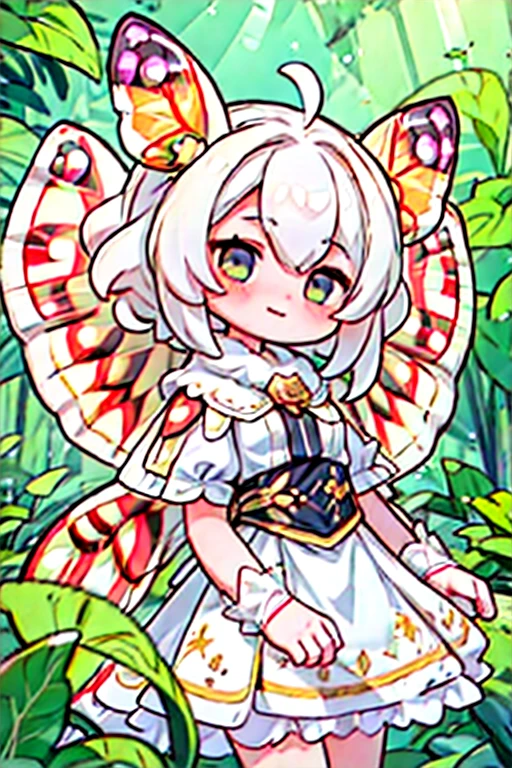 solo,1woman\(cute,kawaii,small kid,skin color white,short white hair,(big moth wing hair:1.7),white dress\(beautiful race\),(2moth antennaes at hair:1.4),smile,[moth wing on back:2.0],[moth wing on body:2.0],[moth wings:2.0],[extra arm],moth wing is only at hair,breast\),background\(soft dappled sunlight,beautiful forest,dark,\), BREAK ,quality\(8k,wallpaper of extremely detailed CG unit, ​masterpiece,hight resolution,top-quality,top-quality real texture skin,hyper realisitic,increase the resolution,RAW photos,best qualtiy,highly detailed,the wallpaper,cinematic lighting,ray trace,golden ratio,\)