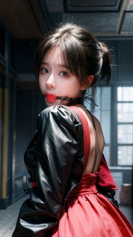 beautiful, masterpiece, best quality, extremely detailed face,  perfect lighting, 1girl, solo, sketch, marnie (pokemon), green eyes, asymmetrical bangs, backpack, bag, black choker, black jacket, blurry, blurry background, choker, closed mouth, dress, from behind, indoors, jacket, long sleeves, looking at viewer, looking back, off shoulder, pink dress, red bag, solo, ballgag 