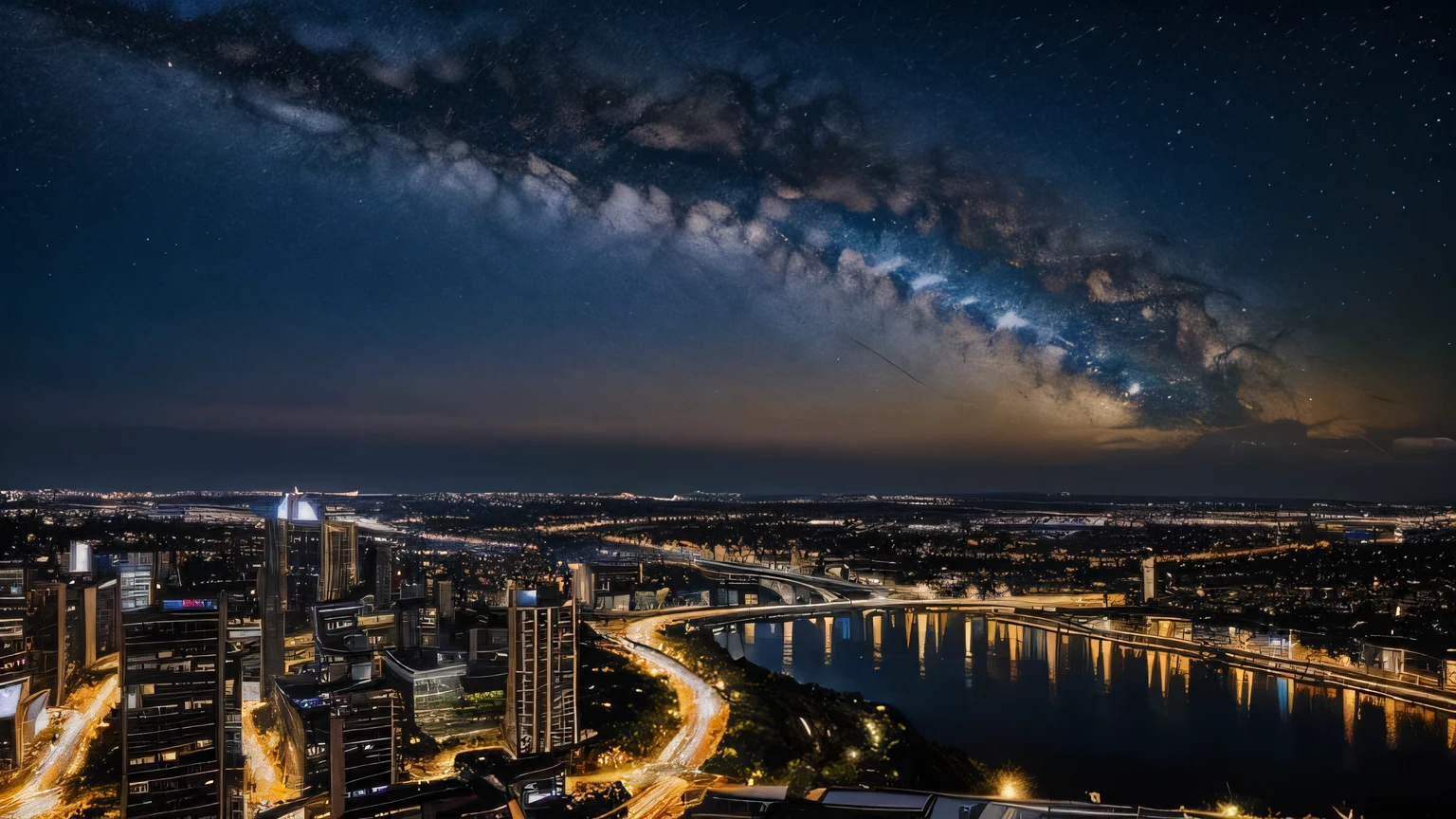 Giant crescent moon、high resolution、born、Standing at Tokyo Skytree、20-year-old woman、Night Scenery、Milky Way Galaxy、Andromeda Galaxy、Tokyo city、Flowing Lines of Light