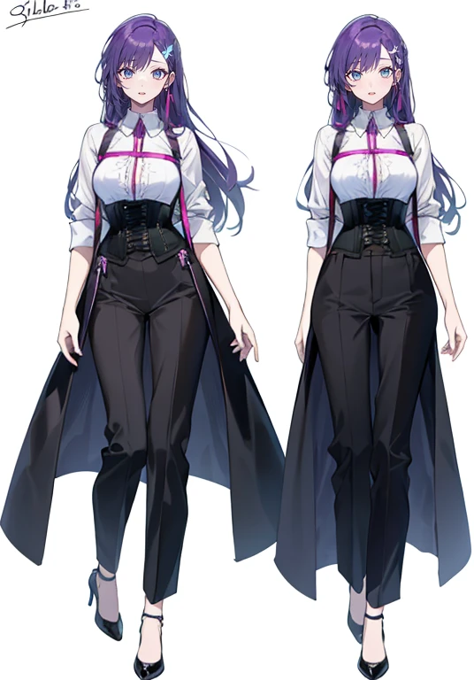 Purple hair,Long hair,Adult female,Bartender,((Body harness)),((Rolling up your sleeves shirt)),(Corset),(slacks),(slit),High heels,((Simple background)),Smile,((Full body)),((whole body)),Character Sheet,