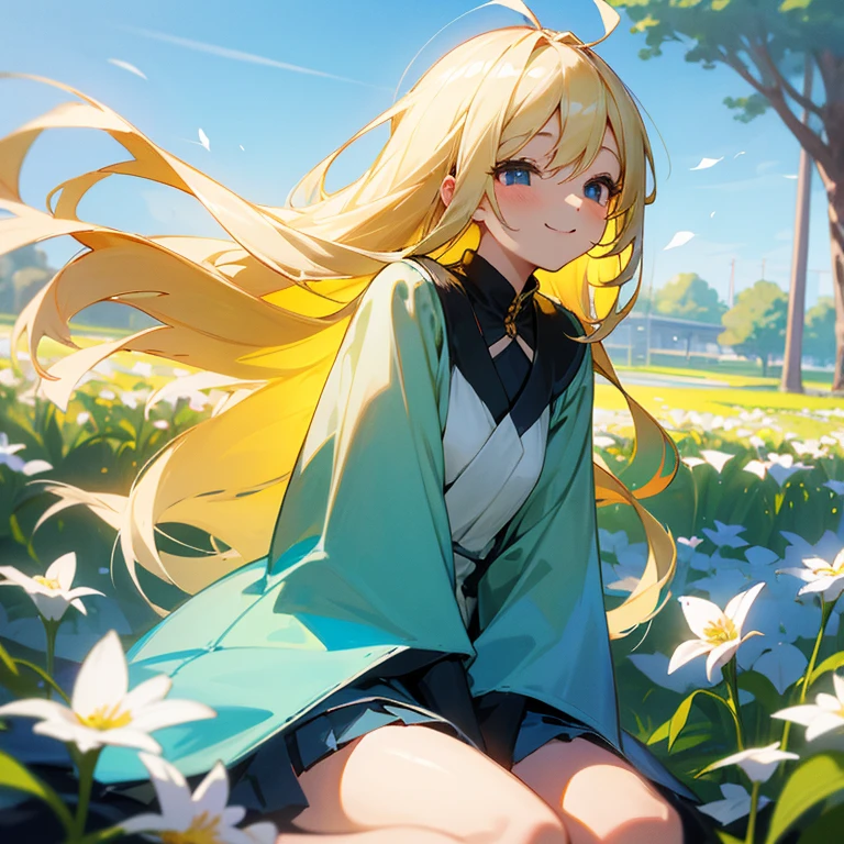 Put on a bright smile、A pretty blonde girl sitting in a wariza in a flower park。She had her long hair blowing in the wind、Surrounding flowers々Surrounded by the scent of。That smile is、As warm as the spring sunshine、Gives a pleasant feeling of happiness。She is such a、It's like a single flower blooming in the park.。Expand your imagination、What charm will her smile have in this landscape?、Picture it。