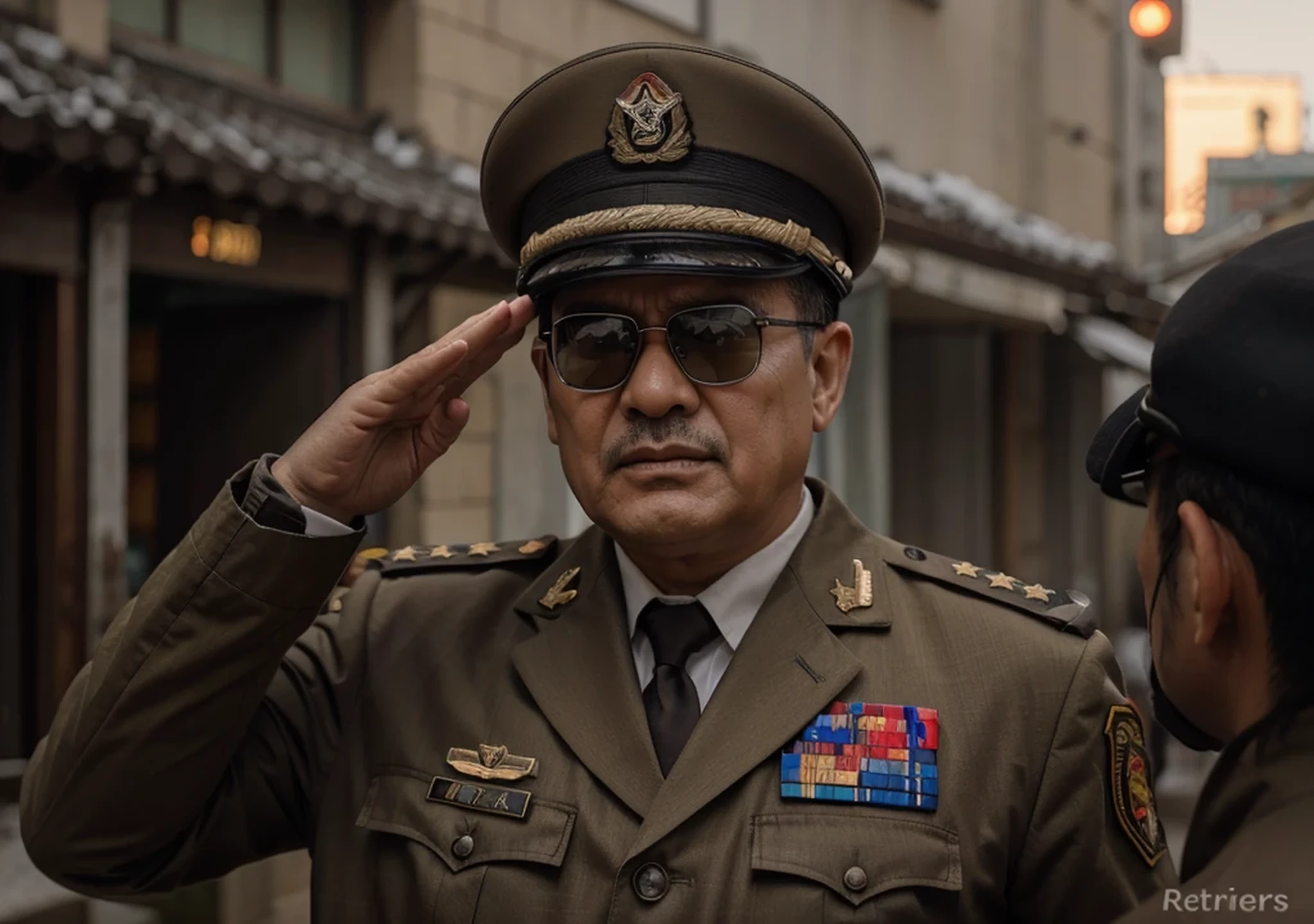 fat mature Chinese man soldier doing a military salute, rough face, wears glasses, has a scar on his face, black hair short military style cut, Chinese beige military Russian commander uniform, Chinese style military hat, he is in the mountains, Chinese soldiers in Soviet uniform formed beige, red sky, ultra Realistic, ultra detailed, hyper Realistic, 4k, ultra detailed image, Realistic, highly detailed, perfect composition, beautiful, Intricately detailed, incredibly detailed, 8 k artistic photography, hyper detailed, ultra Realistic masterpiece, ultra detailed, hyper Realistic, 4k, ultra detailed image, Realistic, highly detailed, perfect composition, beautiful, Intricately detailed, incredibly detailed, 8 k artistic photography, hyper detailed, masterpiece