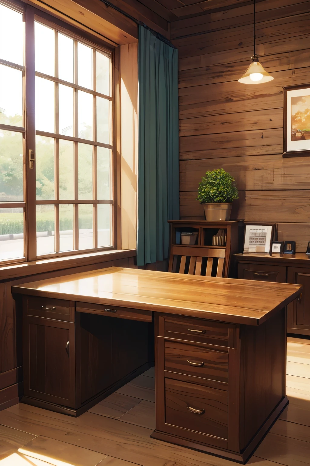 ((best quality)), ((masterpiece)), ((detailed)), (((wooden desk in front of wall)))