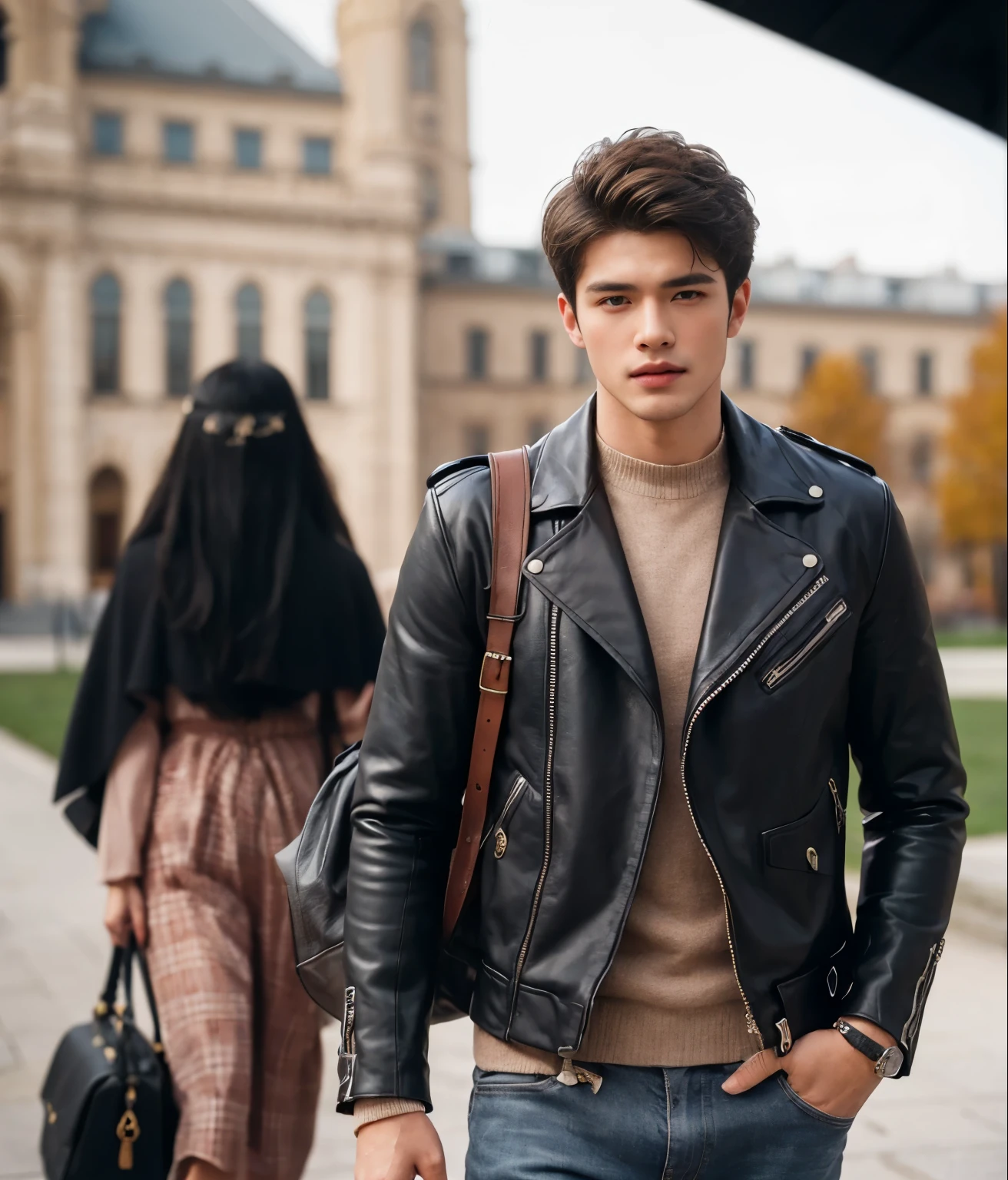 A man and girl,primitive, Masterpiece, ultra fine photos, Best quality, Ultra-high resolution, Realistic, Sunny, full-body portraits, Amazing man, Dynamic posture, exquisite face, Vibrant eyes, Very detailed background, Detailed face, detailed tidy background, Gorgeous, High detail skin, Realistic skin details, Visible pores, Clear focus, volume fog, 8K UHD, Digital SLR, High quality, filmgrain, Fair skin, Realism,(((Handsome man and beautiful girl:1.4)))