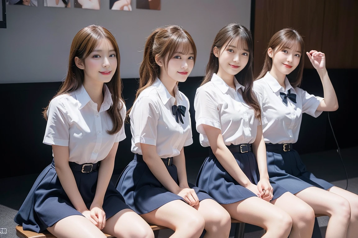 ((最high quality, 8k, masterpiece詳細, 超High resolution)), (Group photo), (Looking at the audience), (Mid Shot:), Attractive girl、Cute Girls、Four girls lined up、Young Japanese women、White collared shirt, Navy Skirt, (sit cross-legged at one's desk in the office)), smile, CEO's Office, Full body photo、whole、最high quality, masterpiece, 32k、Very detailed、Realistic、Japanese women、Cute face, (photo Actual:1.3), Edge lighting, (Skin with attention to detail:1.2), 8k超High resolution, Single-lens reflex camera, high quality, High resolution, 4K, 8k, Optimal ratio of four fingers to one thumb, (Actual:1.3), smile、自然なsmile、Realistic、Super Realistic、32k、Very detailed、masterpiece, 最high quality, beautiful girl, beauty、 Mecha, Beautiful lighting, Sitting,