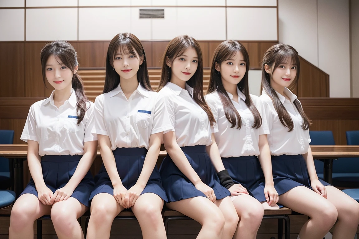 ((最high quality, 8k, masterpiece詳細, 超High resolution)), (Group photo), (Looking at the audience), (Mid Shot:), Attractive girl、Cute Girls、Four girls lined up、Young Japanese women、White collared shirt, Navy Skirt, (sit cross-legged at one's desk in the office)), smile, CEO's Office, Full body photo、whole、最high quality, masterpiece, 32k、Very detailed、Realistic、Japanese women、Cute face, (photo Actual:1.3), Edge lighting, (Skin with attention to detail:1.2), 8k超High resolution, Single-lens reflex camera, high quality, High resolution, 4K, 8k, Optimal ratio of four fingers to one thumb, (Actual:1.3), smile、自然なsmile、Realistic、Super Realistic、32k、Very detailed、masterpiece, 最high quality, beautiful girl, beauty、 Mecha, Beautiful lighting, Sitting,