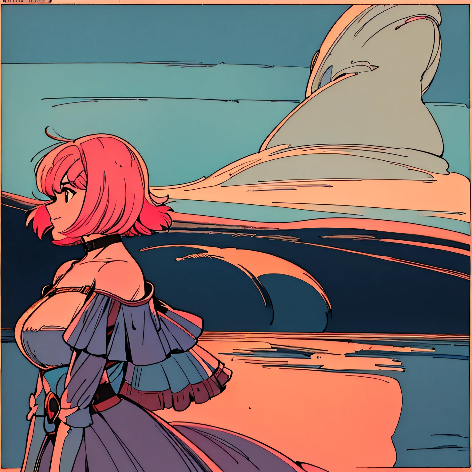 master piece, Europe, Pink Hair, fluffy bob cut, shoulder length, alone, Futuristic, yet, lofi, retro, dress, middle ages, Classicism, High resolution, ligit smile, The wind is blowing, side shot, looking away, sunset, high resolution, High resolution, side shot