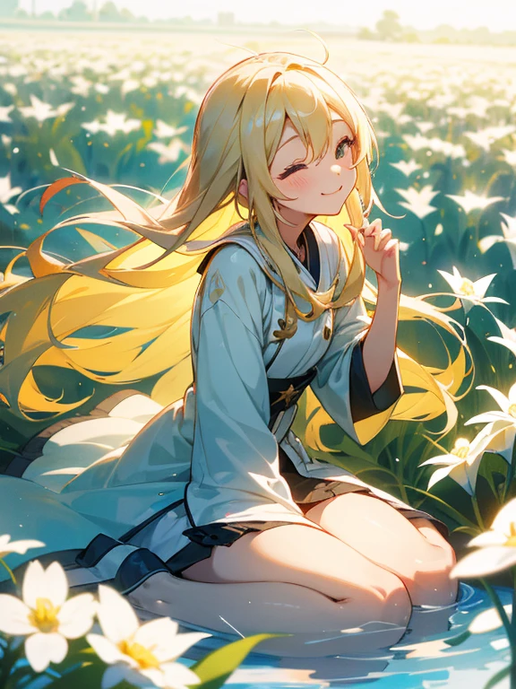 Put on a bright smile、A pretty blonde girl sitting in a wariza in a flower park。She had her long hair blowing in the wind、Surrounding flowers々Surrounded by the scent of。That smile is、As warm as the spring sunshine、Gives a pleasant feeling of happiness。She is such a、It's like a single flower blooming in the park.。Expand your imagination、What charm will her smile have in this landscape?、Picture it。