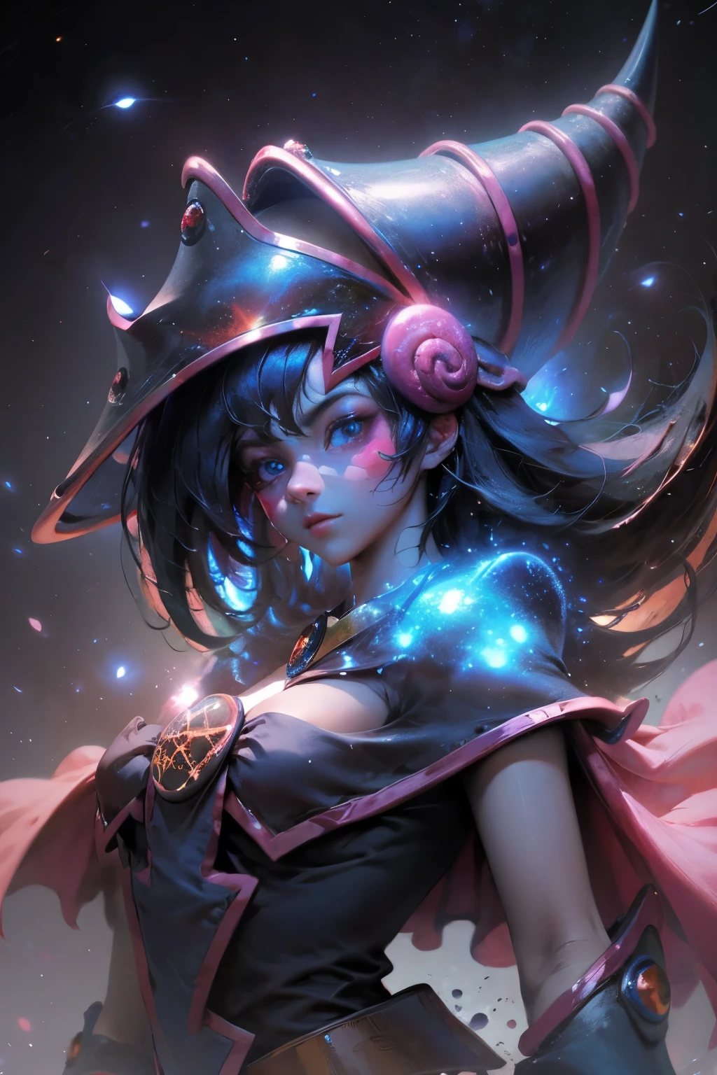 Giles magos oscuros. magos oscuros. ojos azules. cabello rubio. labios rojos. Detailed Features.., cosmic colors, ethereal lighting, Pintura surrealista, high resolution, otherworldly atmosphere, Seres celestiales. Hermosa diosa