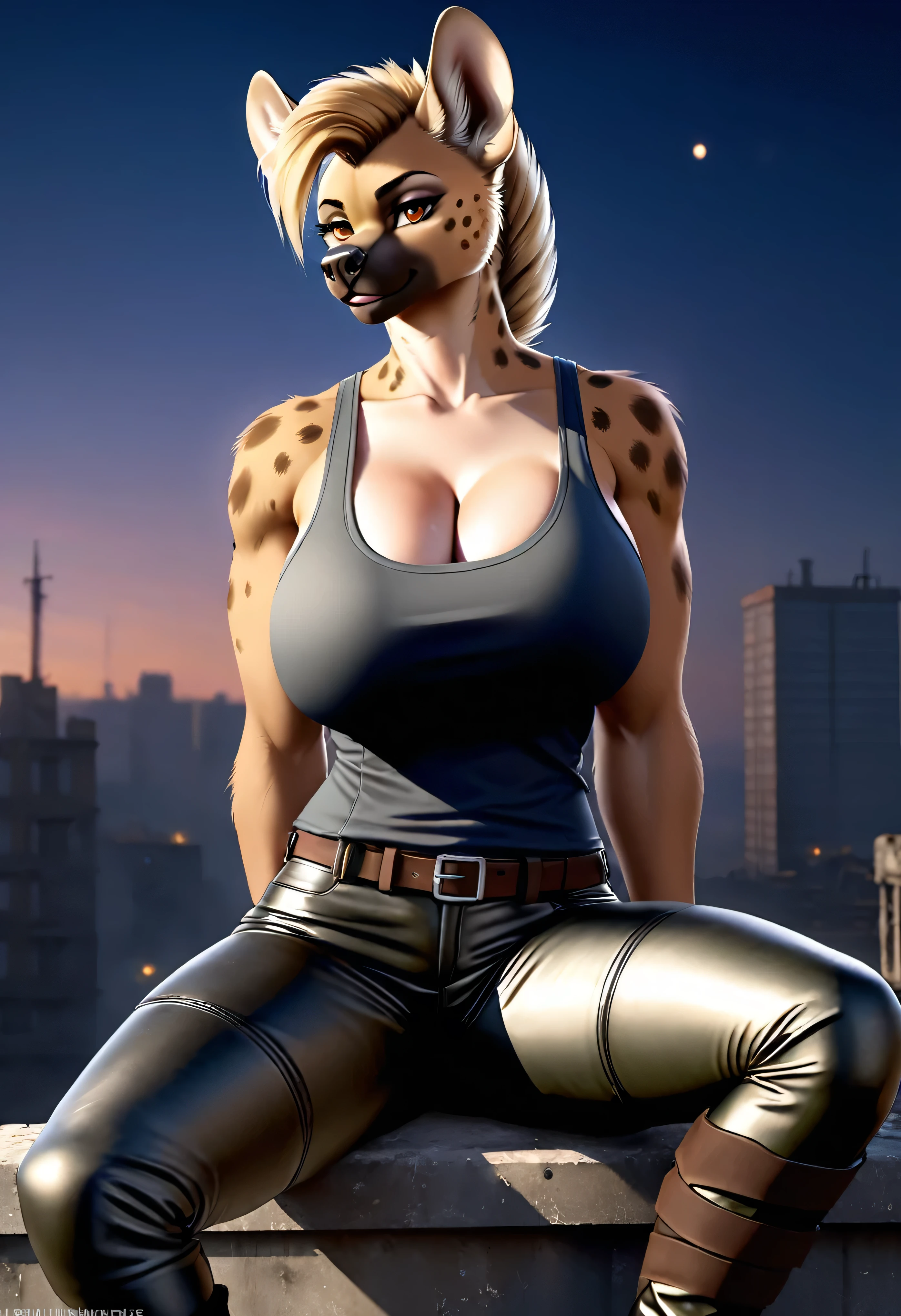 4k highly detailed realistic digital extremely high quality drawing, masterpiece, (by keeltheequine), (uploaded on e621), (a full-body portrait of an anthro hyena girl), (sitting on the roof of a building in a post-apocalyptic wasteland, holding a rifle)), ((wearing a tanktop, tight leather pants and combat boots)), (beautiful and detailed eyes:1.1), fur, seductive, sexy, voluptuous, curvy body, hourglass figure, large breasts, muscles, cinematic lighting, (f1.8 short focus bokeh)