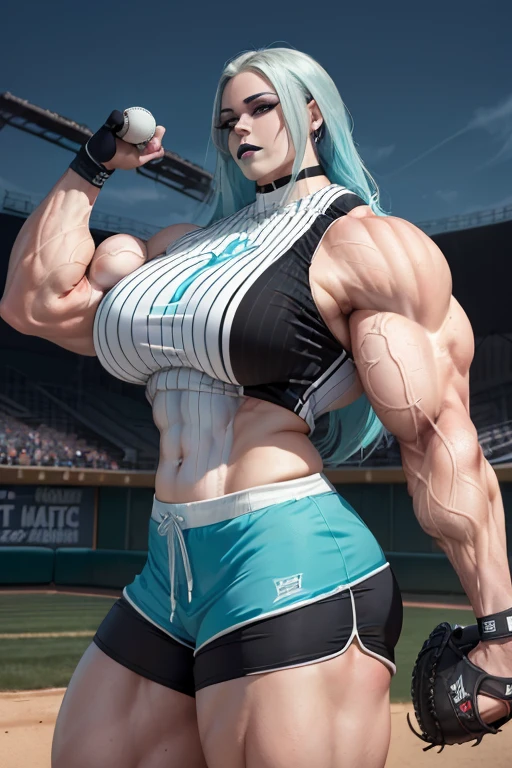 (((((Massive, tall, beautiful, pale white skinned, buff, muscular woman with cyan hair, black lipstick, ginormous bulky muscles and wearing a black and white stripe baseball jersey with shorts))))), (close view), (massive muscles), massive biceps, hyper muscle shoulders, vascular shoulders, hyper muscle triceps, (beachy long hair), purple eyes, (wristbands), choker, sneakers, (in a baseball field), confident smirk, night, hyper vascular arm, hyper muscles arms, hyper muscle legs, massive arms.