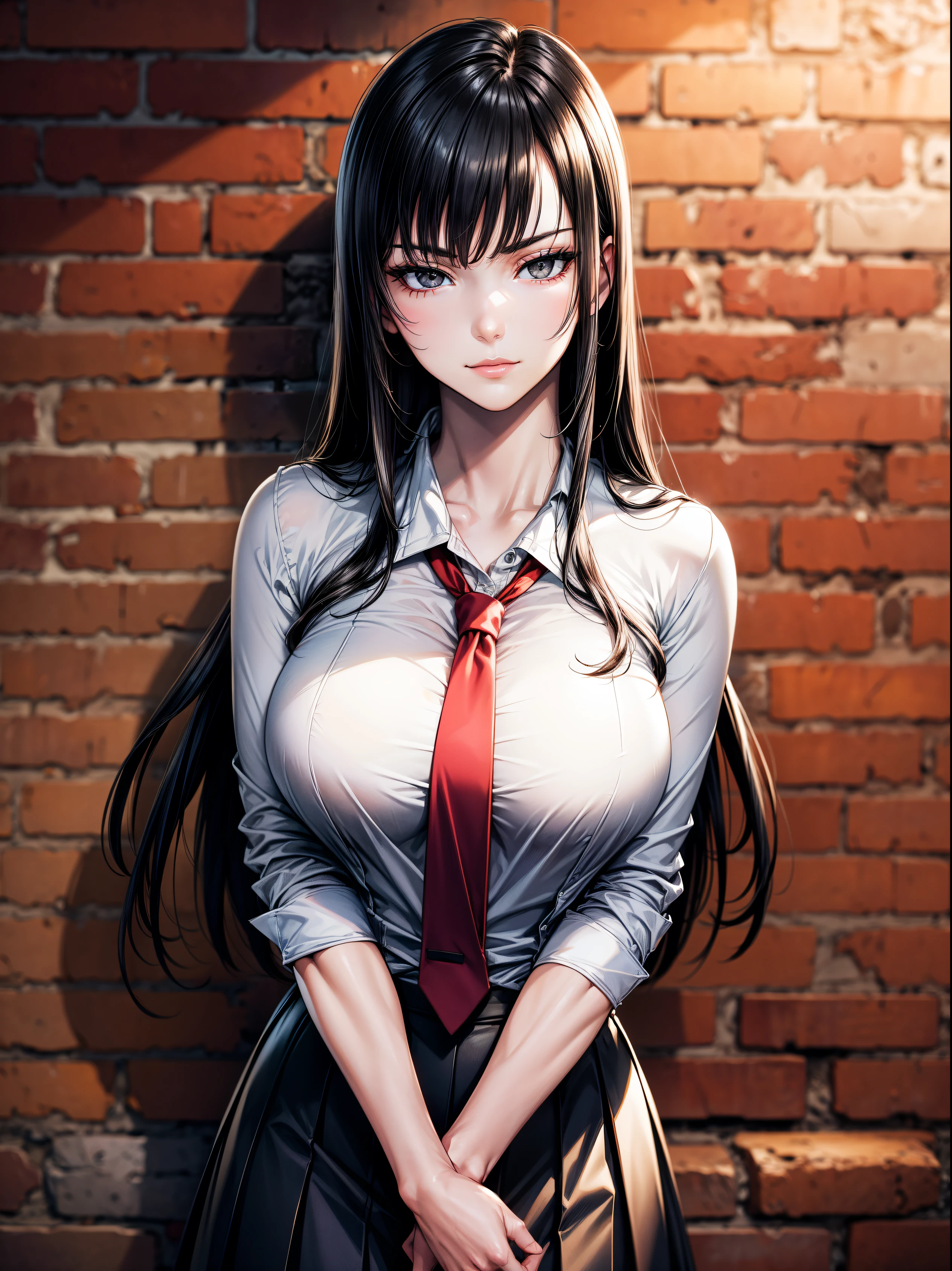 Solo best quality, masterpiece, extremely detailed CG, extremely detailed 8K wallpaper, outdoors, extremely detailed character ultra-detailed, detailed face, beautiful, solo girl, perfect face, sharp focus, late girl, intricate details, ultra detailed body, ultra detail hair, ultra detail face, very pale, leaning against a brick wall, black hair, black eyes, wearing a long sleeved formal white shirt, wearing a red tie, wearing a navy blue school shirt, long hair, hair bangs, very slight smirk, pale skin, hands at side, crossing arms, looking at viewer, leaning against wall, arms crossed under chest, cowboy shot, , jk