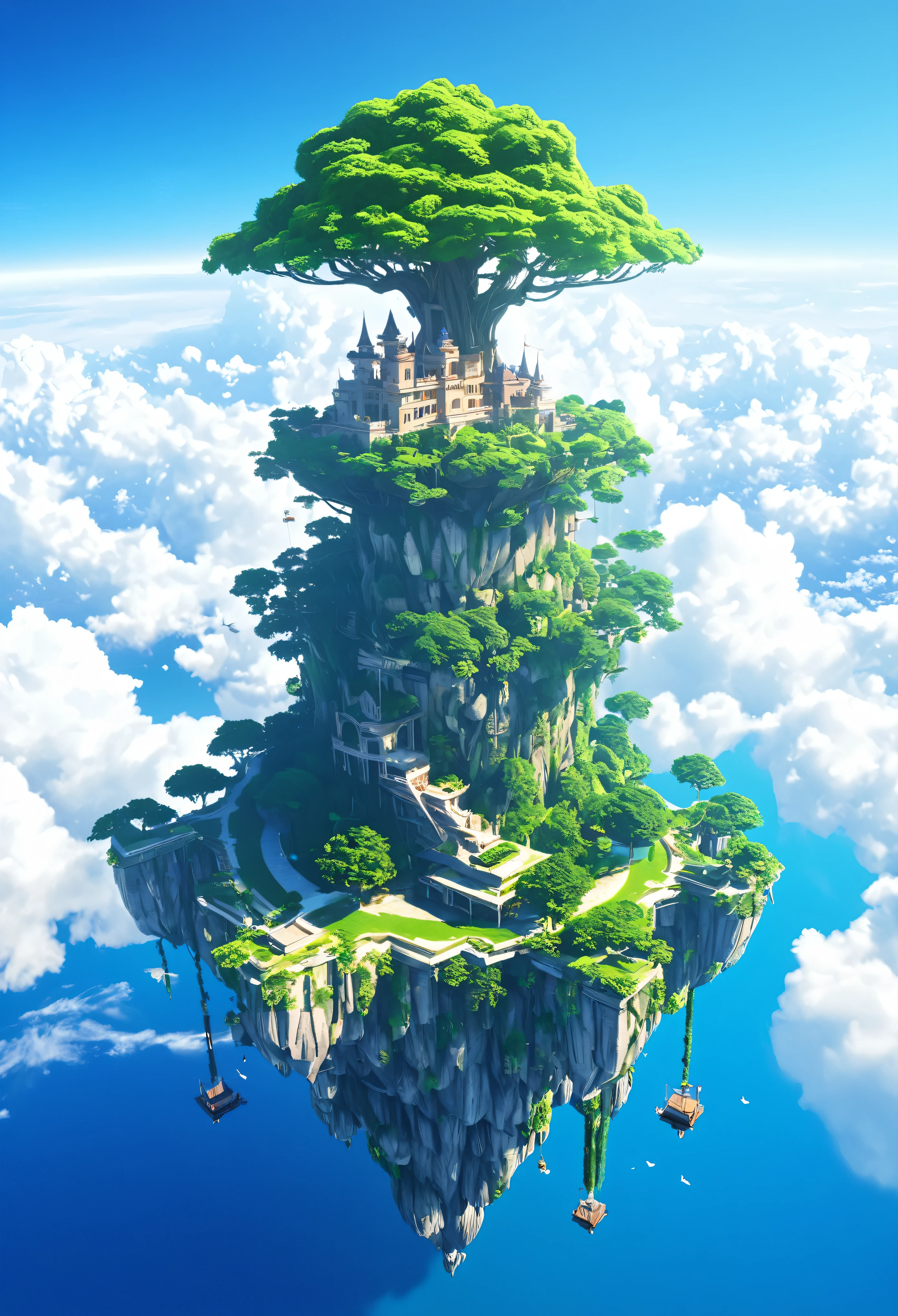 A castle in the sky and a tree on top of it々Picture, Castle in the Sky style, Castle in the Sky, Flying Cloud Castle, Floating Island, Floating Island, Floating Island, Cities in the air, floating palace in the sky, Floating Island, Cloud Palace