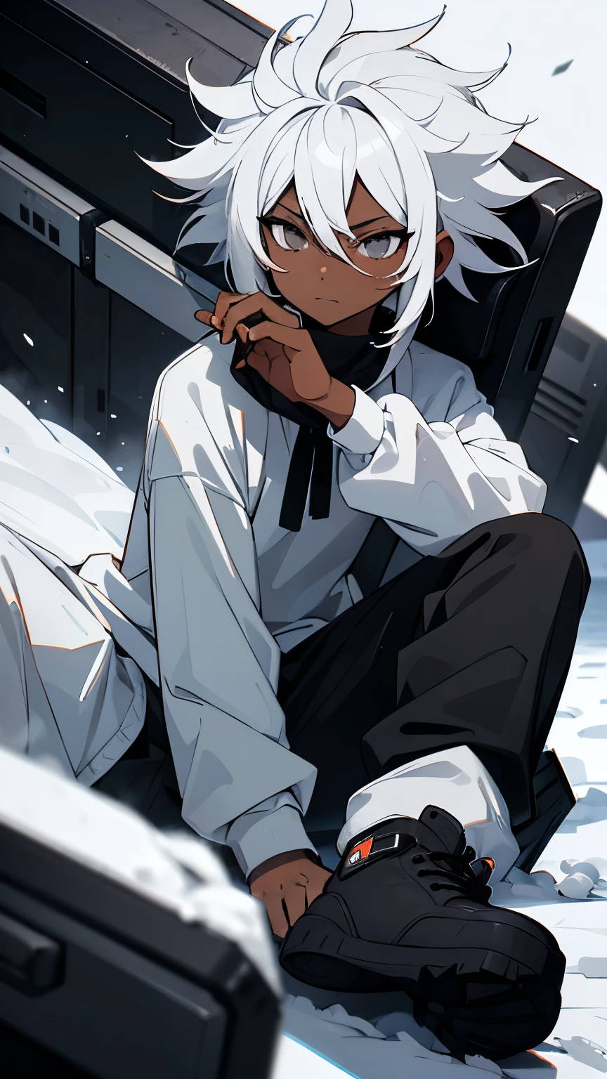 Male, young, dark skin, black and white hair, messy hair, black eyes, white long-sleeved high-neck blouse, white sweatpants, black snow boots
