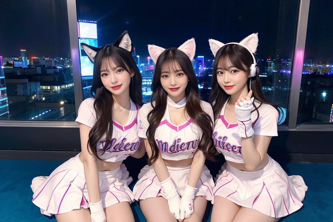 ((最high quality, 8k, masterpiece詳細, 超High resolution)), (Group photo), (Looking at the audience), (Mid Shot:), Attractive girl、Cute Girls、Four girls lined up、Young Japanese women、Full body photo、whole、最high quality, masterpiece, 32k、Very detailed、Realistic、1 girl, Japanese women、Cute face, (photo Actual:1.3), Edge lighting, (Skin with attention to detail:1.2), 8k超High resolution, Single-lens reflex camera, high quality, High resolution, 4K, 8k, Optimal ratio of four fingers to one thumb, (Actual:1.3), smile、自然なsmile、Baseball Cheerleader Costumes(Bright pink、Light blue line design、Japanese professional baseball cheerleaders)、Cat ear headphones(ピンク色のネオンCat ear headphones)、cute 1 girl, Realistic、Super Realistic、32k、Very detailed、masterpiece, 最high quality, beautiful girl, beauty、 Mecha, Beautiful lighting, Sitting,Cyber Neon、Future City、Skyscraper、City Night、Shanghai、Big cities、Night view、綺麗なNight view