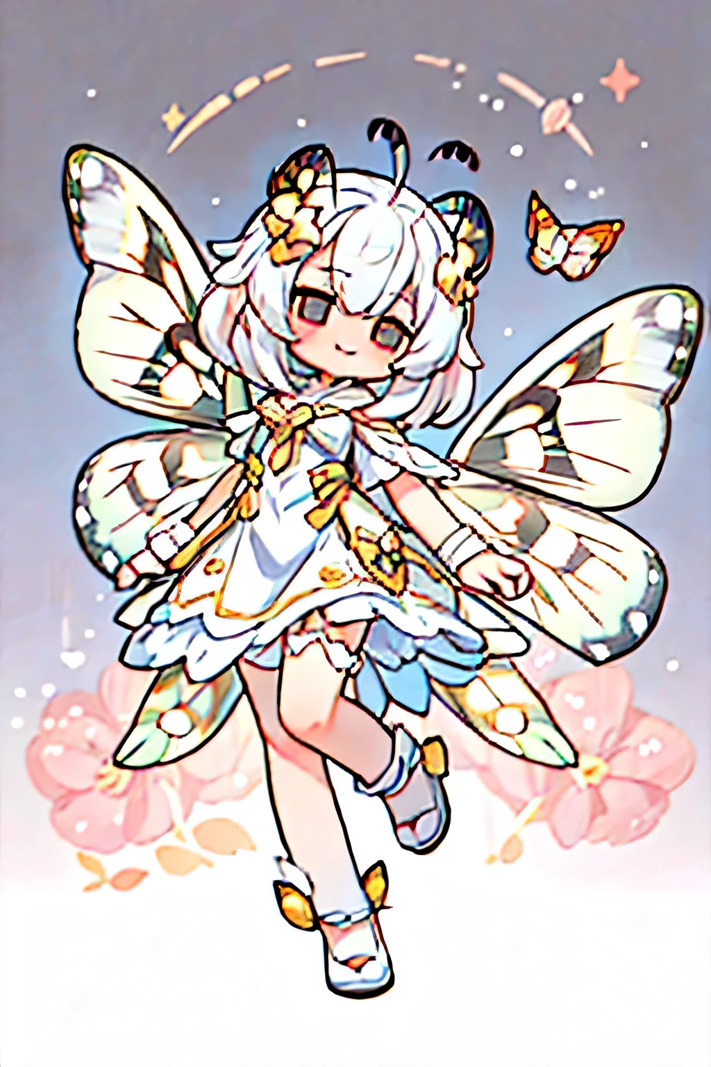 solo,1woman\(cute,kawaii,,skin color white,short white hair,(big moth wing hair:1.7),white dress\(beautiful race\),(2moth antennaes at hair:1.8),smile,[moth wing on back:2.0],[moth wing on body:2.0],[moth wings:2.0],[extra arm],moth wing is only at hair,breast,dynamic pose\),background\(soft dappled sunlight,beautiful forest,dark,\), BREAK ,quality\(8k,wallpaper of extremely detailed CG unit, ​masterpiece,hight resolution,top-quality,top-quality real texture skin,hyper realisitic,increase the resolution,RAW photos,best qualtiy,highly detailed,the wallpaper,cinematic lighting,ray trace,golden ratio,\),full body