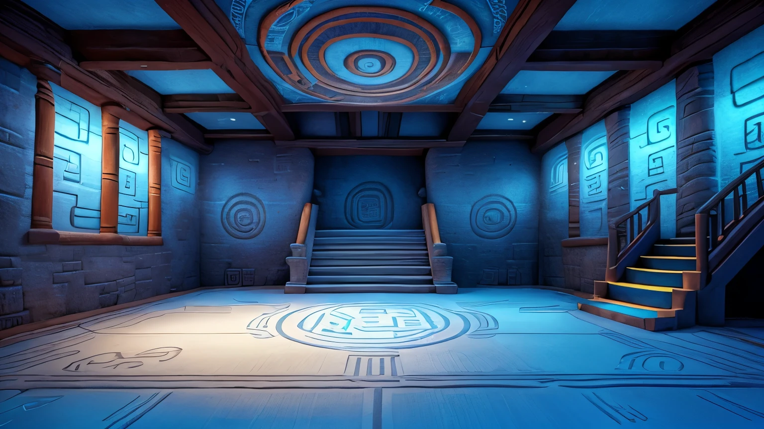 Orthometric 3D spaces, walls, stairs, ceilings and floor decorated with glyphs of the Mayan writing system