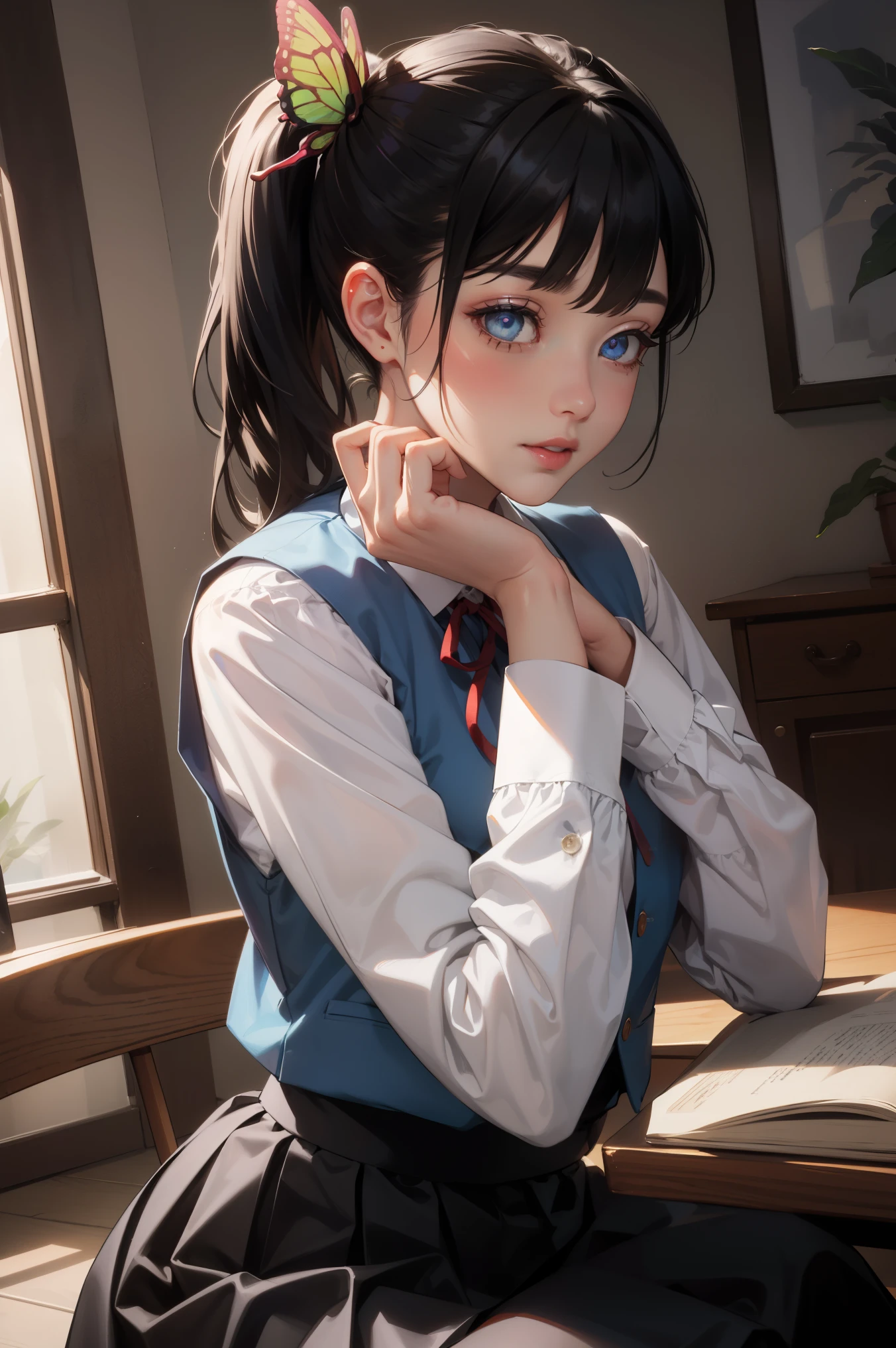 kanao tsuyuri, black hair, butterfly, butterfly hair ornament, (purple eyes:1.1), side ponytail, ponytail,
BREAK (white shirt neck ribbon blue vest long sleeves long skirt black skirt:1.2),
BREAK is standing、sexypose、Horizon、all-fours、ssmile,
BREAK (masterpiece:1.2), best quality, high resolution, unity 8k wallpaper, (illustration:0.8), (beautiful detailed eyes:1.6), extremely detailed face, perfect lighting, extremely detailed CG, (perfect hands, perfect anatomy),