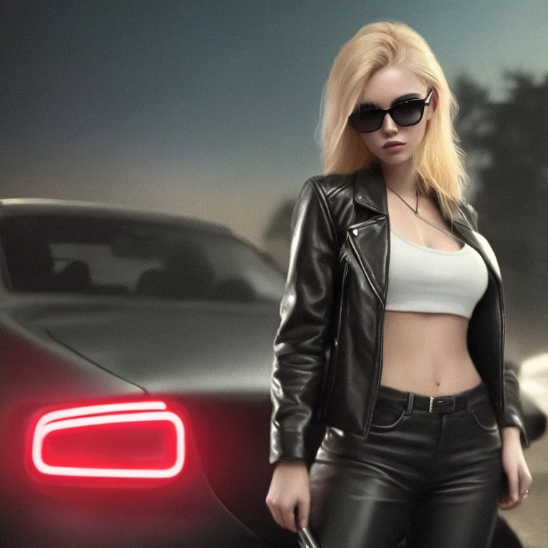 beautiful young woman in a black leather jacket stands casually in front of an old car.in the center of the frame.Red headlights shining on the face.short top and shorts,blonde hair,slight smile,gun,in digital art style,with neon lights and a background of a cyberpunk highway on the moon.High resolution,cinematic,highly detailed and hyper-realistic.sunglasses 🕶