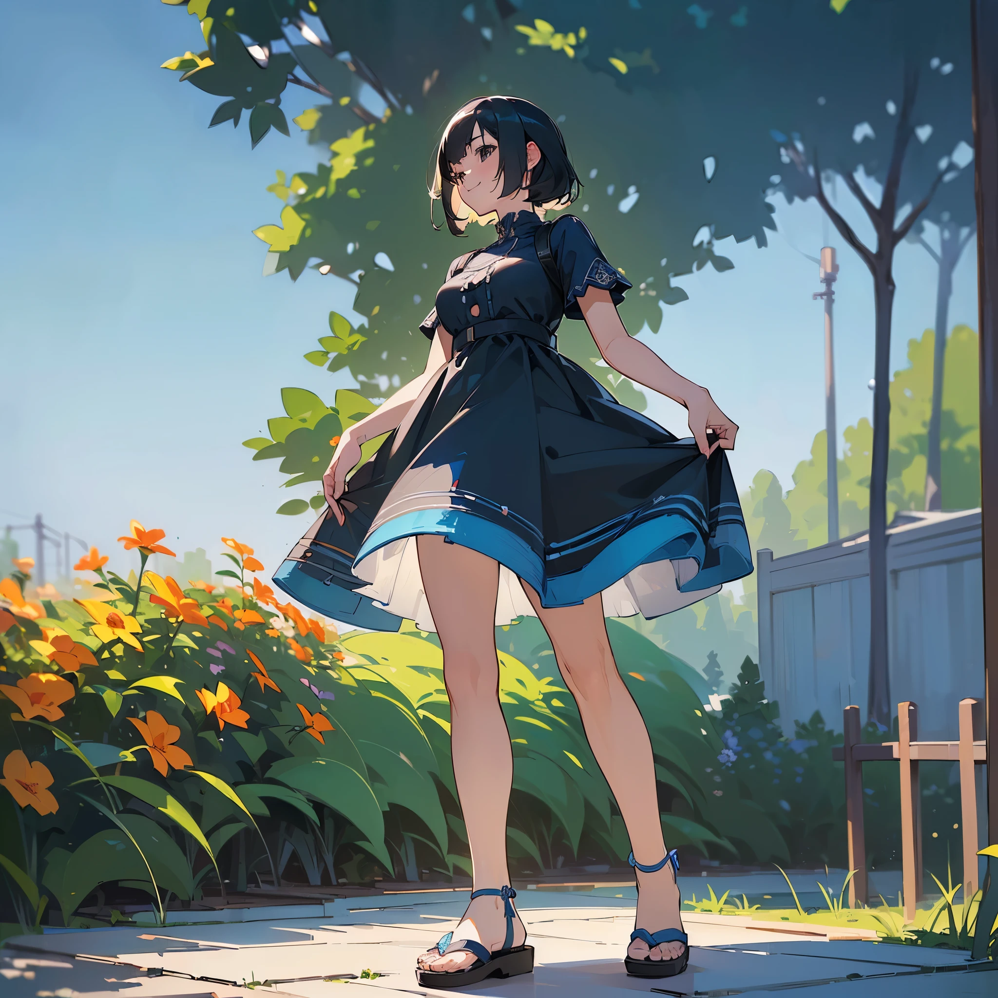 (high quality, High resolution, Very detailed, reality:1.37), Peaceful atmosphere, (Outdoor, garden), age girl standing alone, (my breasts are big.), Beautiful details, Cute Smile, (Black bob hair), Blue short-sleeved dress, Sandals.