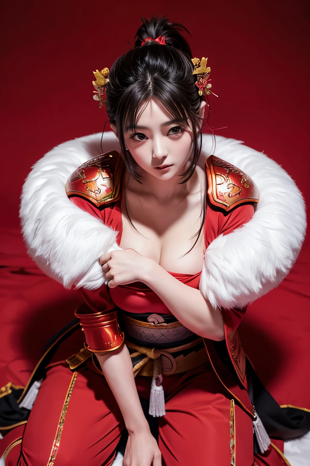 Unparalleled beauty from the Sengoku period, Oichi no Kata, Kikuhime, wife of Ujimasa Hojo's legal wife, Sengoku female warlord, red armor with flashy decorations, Shinobi, feminine curves, dynamic pose, female general, battle castle, viewer's perspective
