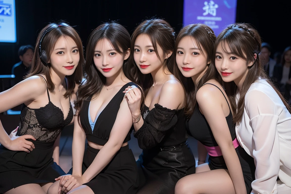 ((最high quality, 8k, masterpiece詳細, 超High resolution)), (Group photo), (Looking at the audience), (Mid Shot:), Attractive girl、Cute Girls、Three girls lined up、Young Japanese women、Full body photo、whole、最high quality, masterpiece, 32k、Very detailed、Realistic、3 girls, Japanese women、It&#39;s a random face、Cute face, (photo Actual:1.3), Edge lighting, (Skin with attention to detail:1.2), 8k超High resolution, Single-lens reflex camera, high quality, High resolution, 4K, 8k, Optimal ratio of four fingers to one thumb, (Actual:1.3), smile、自然なsmile、Baseball Cheerleader Costumes(Bright pink、Light blue line design、Japanese professional baseball cheerleaders)、Cat ear headphones(ピンク色のネオンCat ear headphones)、cute 1 girl, Realistic、Super Realistic、32k、Very detailed、masterpiece, 最high quality, beautiful girl, beauty、 Mecha, Beautiful lighting, Sitting,Cyber Neon、Future City、Skyscraper、City Night、Shanghai、Big cities、Night view、綺麗なNight view