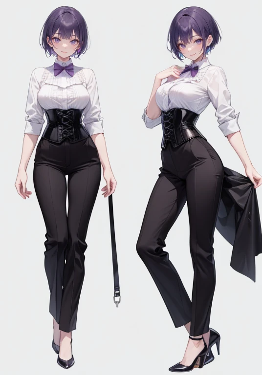Purple hair,short hair,Adult female,(bartender),((Roll up your shirt sleeves)),(Rolling up the sleeves of his shirt),(corset),(High heels),((Simple Background)),smile,((whole body)),((full body)),Character Sheet,
