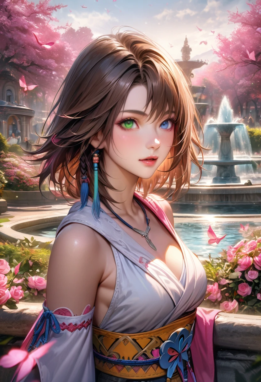 absurdres, highres, ultra detailed, HDR, master piece, ultra detailed picture, extremely detailed face and eyes, realistic face, Yuna, brown hair, heterochromia, left eye blue, right eye green, Final Fantasy X, solo, woman, extremely beautiful, pink flowers, park, fountain, pink trees, pink butterflies