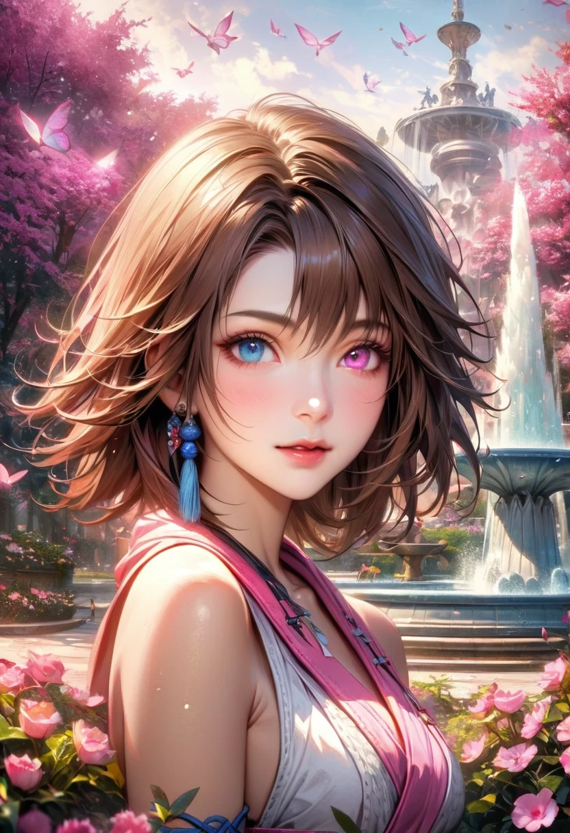 absurdres, highres, ultra detailed, HDR, master piece, ultra detailed picture, extremely detailed face and eyes, realistic face, Yuna, brown hair, heterochromia, left eye blue, right eye green, Final Fantasy X, solo, woman, extremely beautiful, pink flowers, park, fountain, pink trees, pink butterflies