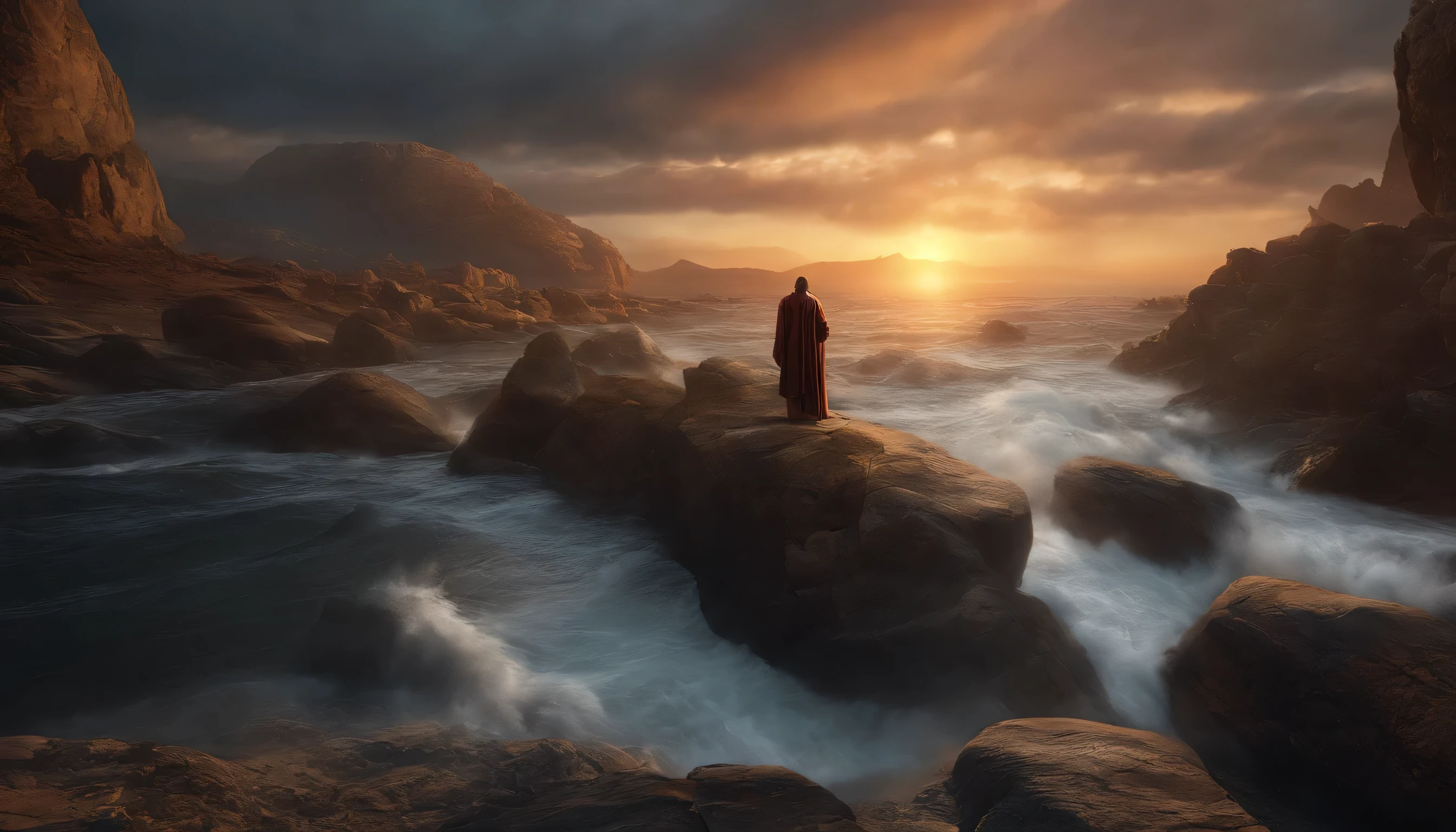 In the foreground, a giant man, with a well-defined face, long hair and white beard, wearing clothes from the first century BC. He stands tall, with arms outstretched, hands perfect, without blemish, symbolizing the Lord's dominion over the earth and all its inhabitants. The man is placed on a rocky outcrop, with waves crashing at the base, signifying the seas. A beautifully intricate river flows around the base of the rock, representing the establishment of the world on rivers. The sky is a bright mix of oranges and reds, creating a dramatic sunset ambience. 8k rendering, photo realistic, cinematic, no defects, no anomalies.