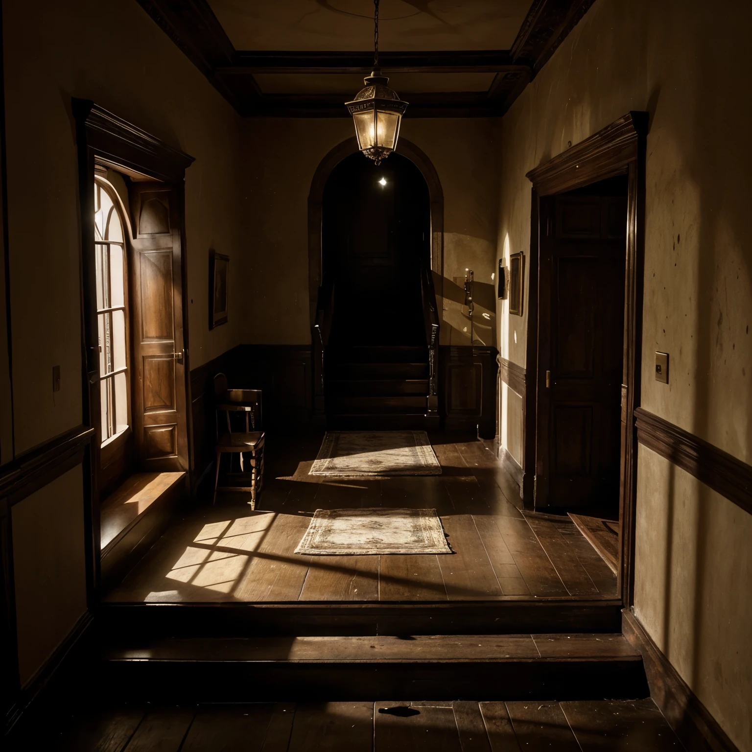 .
En la imagen, you could represent the friends in the open room, con expresiones de sorpresa y cautela mientras leen el diario antiguo. The atmosphere would be dark and mysterious, with the light of an antique lamp illuminating the room and casting shadows on the walls. You could add details like the painting that covers the secret entrance, the diary opened to a revealing page, and antique items in the room to give it an authentic look.
En la parte superior de la imagen, could you represent the stairs that lead to the upper floor, with suggestive shadows that hint at the presence of someone else in the mansion. This would create a sense of anticipation and suspense in the scene..