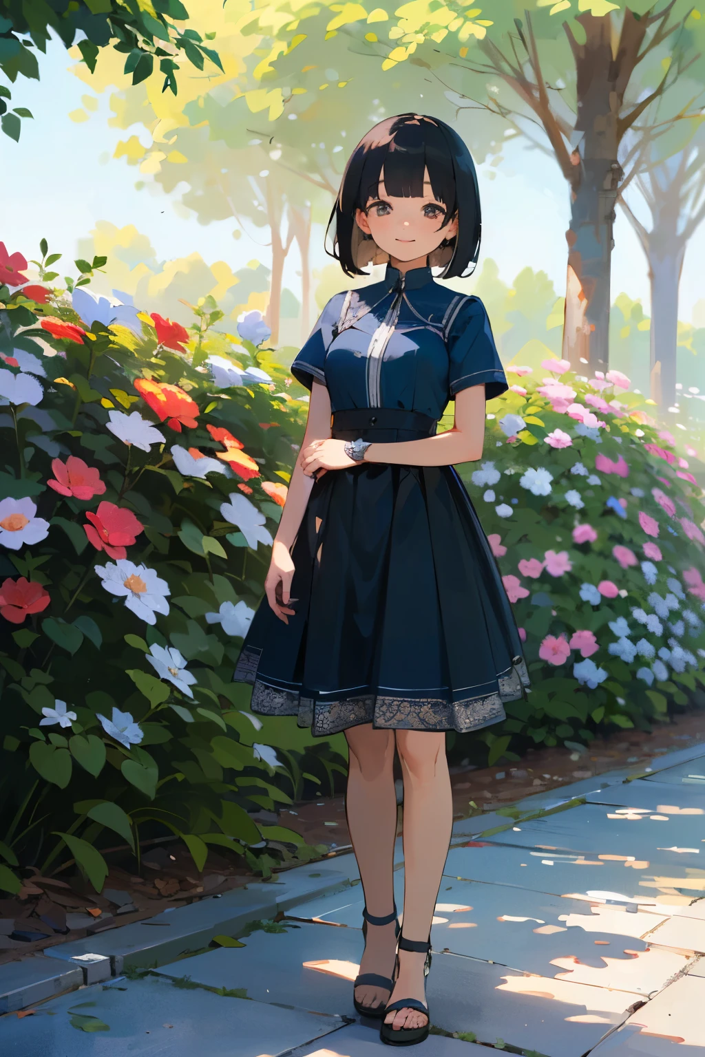 (high quality, High resolution, Very detailed, reality:1.37), Peaceful atmosphere, (Outdoor, garden), age girl standing alone, (my breasts are big.), Beautiful details, Cute Smile, (Black bob hair), Blue short-sleeved dress, Sandals.
