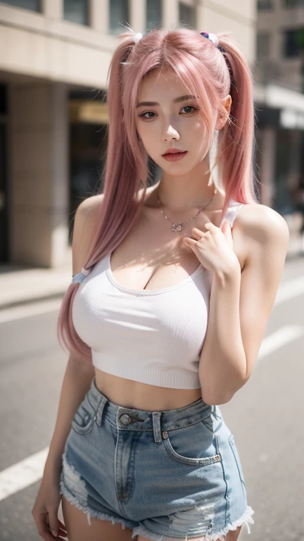 21yo girl, pink hair, (twintail Hair). Bitting her lower lip while closing her eye,detailed striped camisole croped tank top:1.4), show shoulders, cleavage, show big thigh, natural big brseast,hands holding breasts,plumpy body, standing on the street