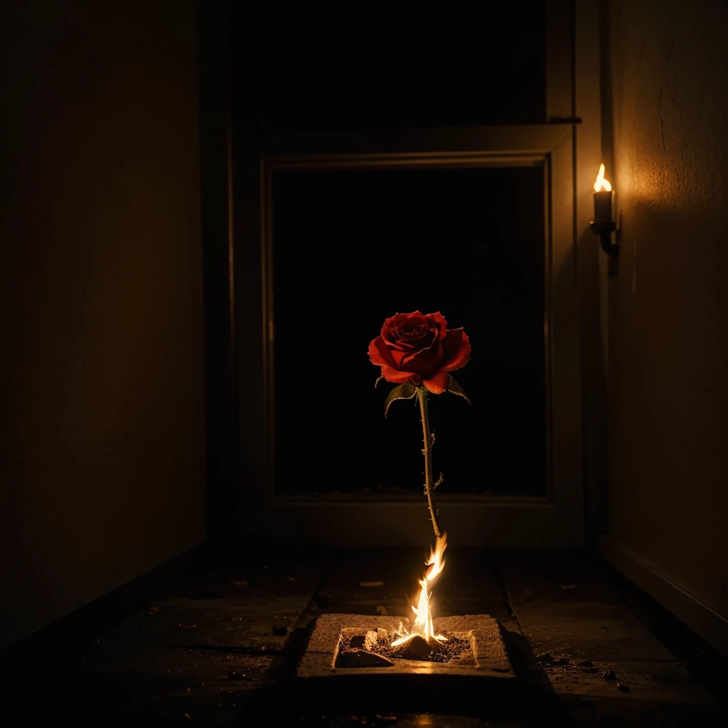 PERFECT PICTURE OF A ROSE IN A DARK ROOM ON FIRE