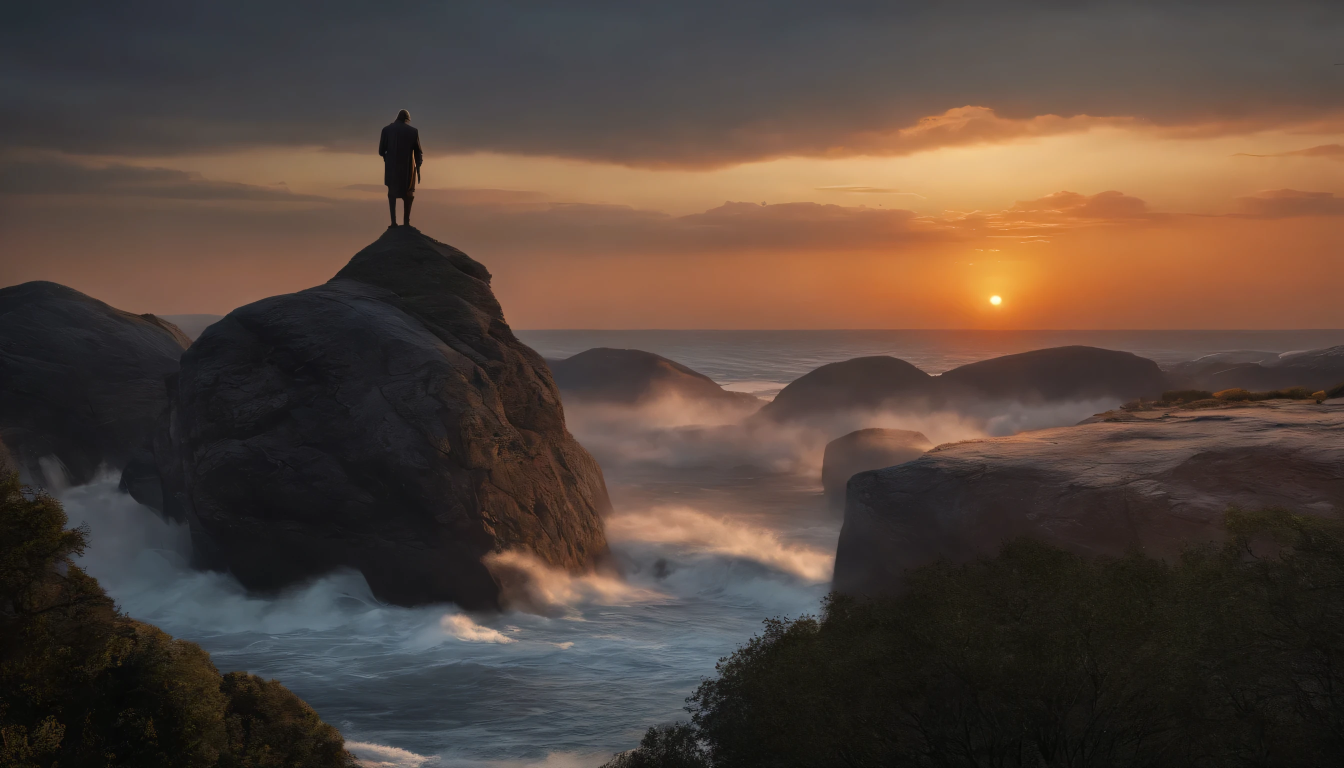 In the foreground, a giant man, with a well-defined face, long hair and white beard, wearing clothes from the first century BC. He stands tall, with arms outstretched, hands perfect, without blemish, symbolizing the Lord's dominion over the earth and all its inhabitants. The man is placed on a rocky outcrop, with waves crashing at the base, signifying the seas. A beautifully intricate river flows around the base of the rock, representing the establishment of the world on rivers. The sky is a bright mix of oranges and reds, creating a dramatic sunset ambience. 8k rendering, photo realistic, cinematic, no defects, no anomalies.