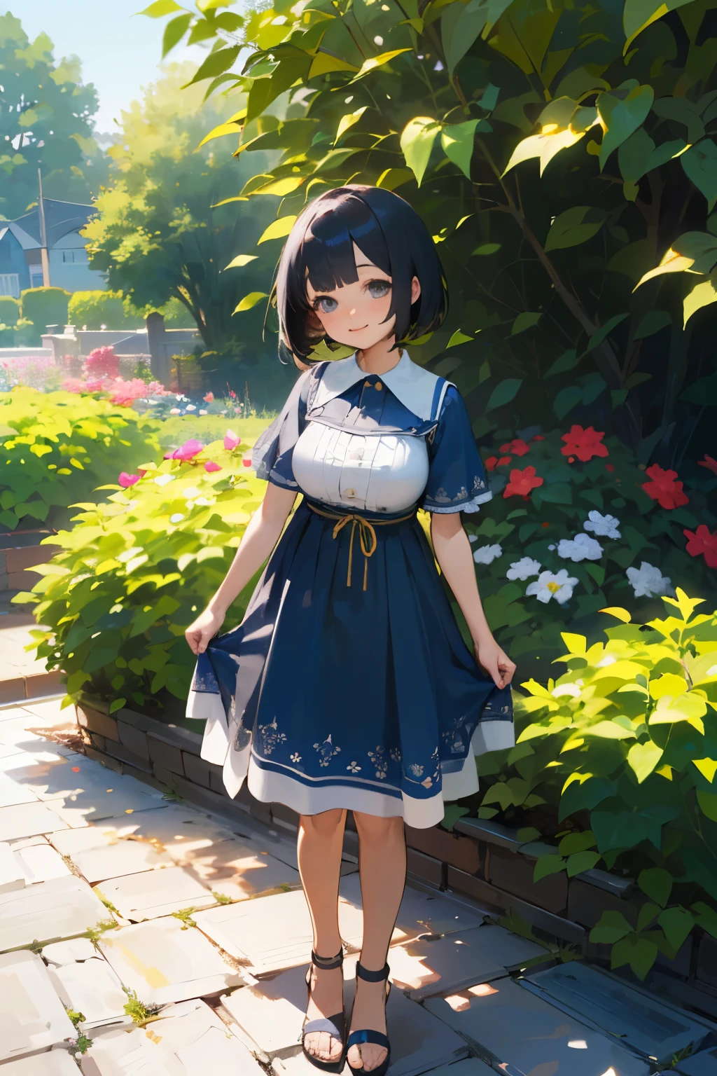 (high quality, High resolution, Very detailed, reality:1.37), Peaceful atmosphere, (Outdoor, garden),  girl standing alone, (my breasts are big.), Beautiful details, Cute Smile, (Black bob hair), Blue short-sleeved dress, Sandals.