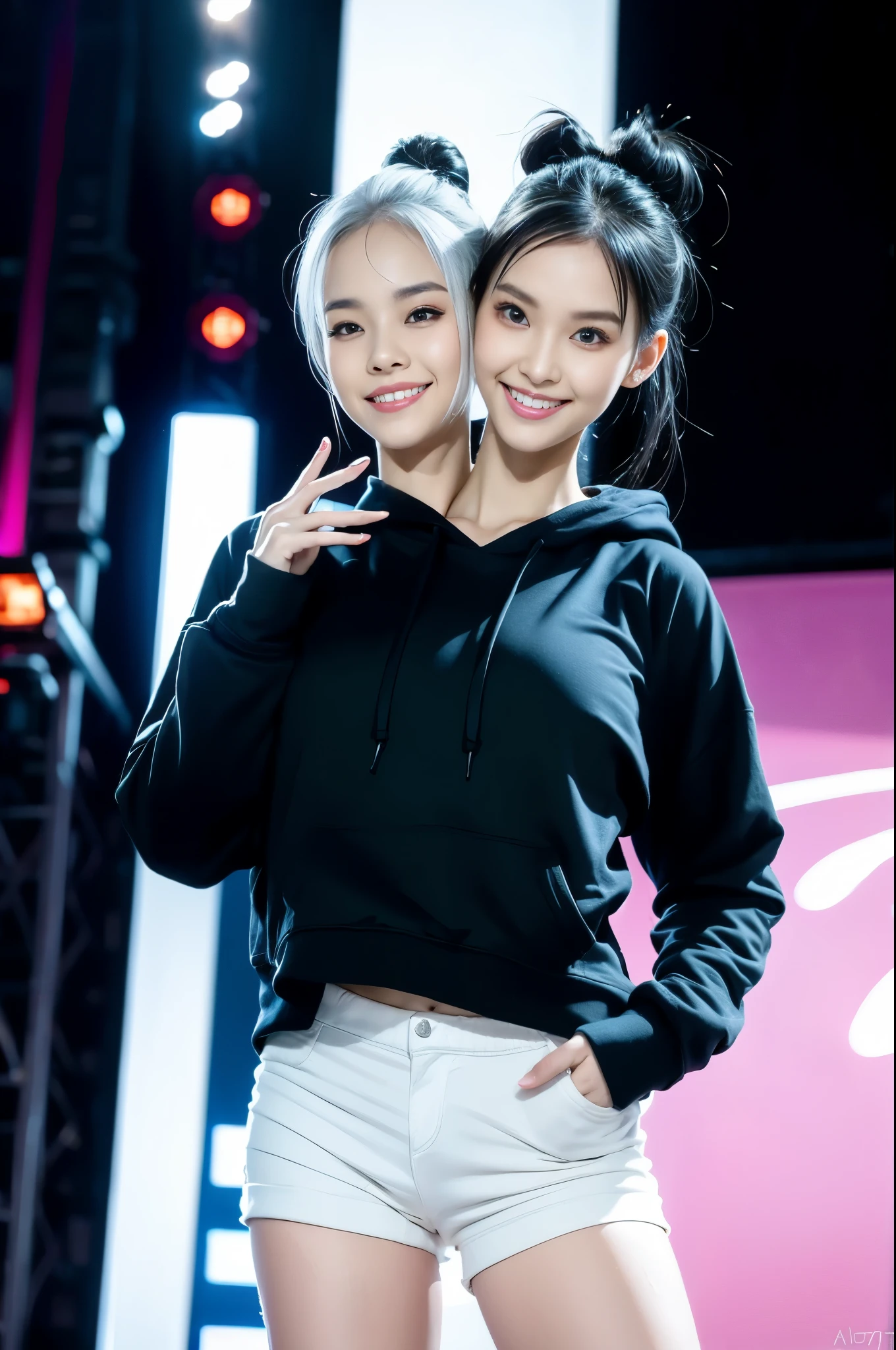 best resolution, 2heads,  half-body shot, korean woman with two heads , white hair, black hair,  hairbun and ponytail,  different faces,  hoodie, stage background