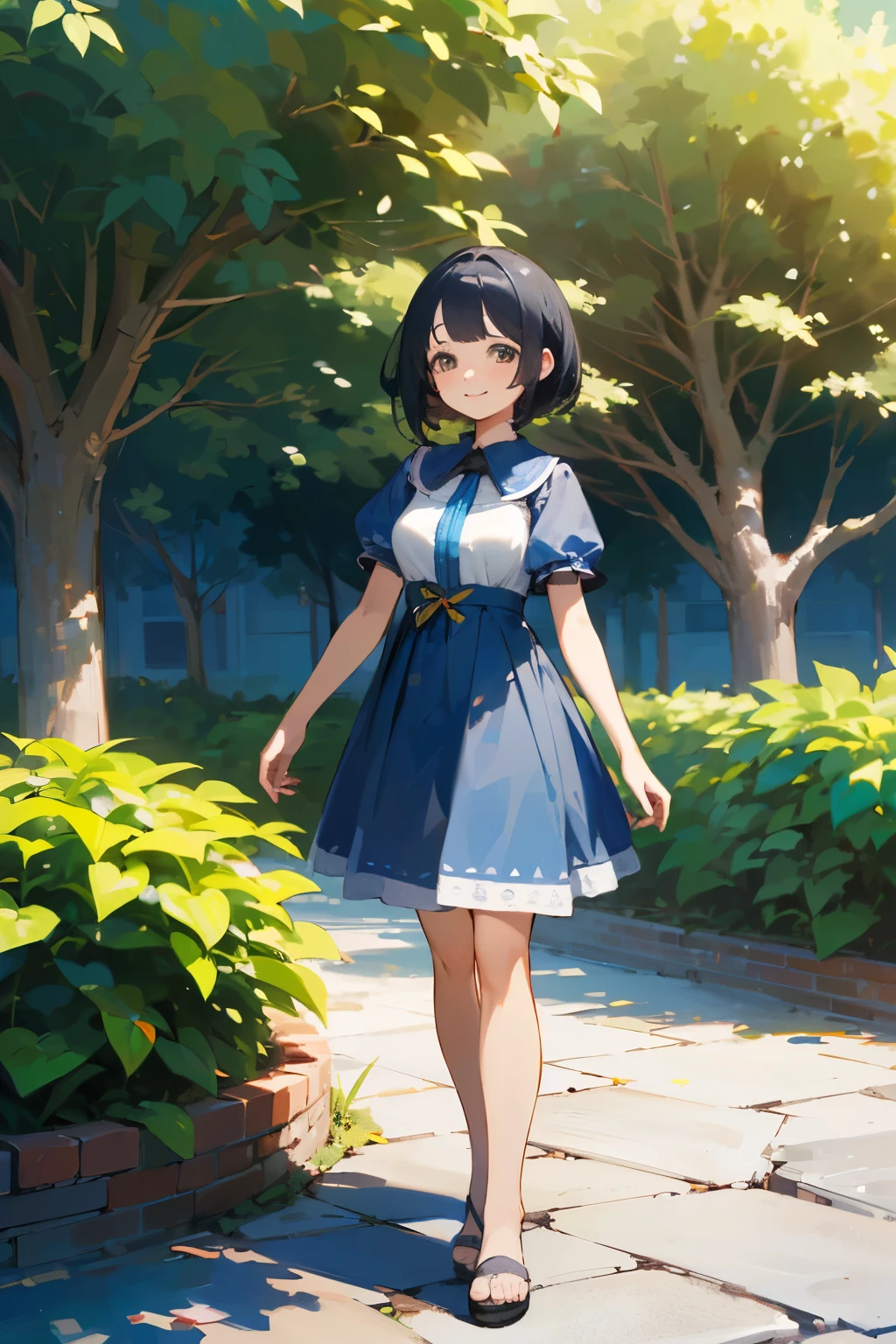 (high quality, High resolution, Very detailed, reality:1.37), Peaceful atmosphere, (Outdoor, garden), girl standing alone, (my breasts are big.), Beautiful details, Cute Smile, (Black bob hair), Blue short-sleeved dress, Sandals.