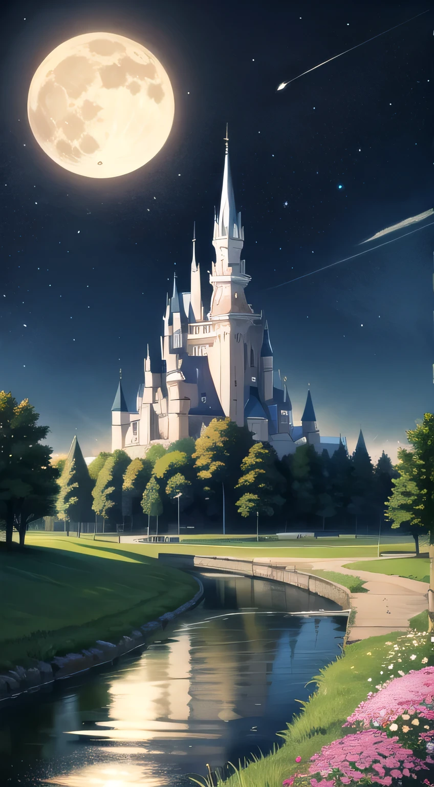 Castle on the grass, Mountain,Flowers, spring, river, moon, galaxy, , at night, (masterpiece), (best quality),