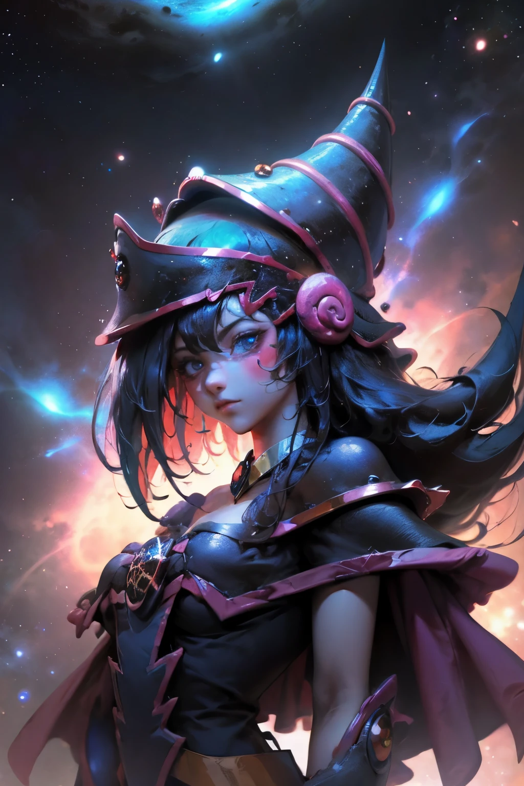 Giles magos oscuros. magos oscuros. ojos azules. cabello rubio. labios rojos. Detailed Features.., cosmic colors, ethereal lighting, Pintura surrealista, high resolution, otherworldly atmosphere, Seres celestiales. Hermosa diosa