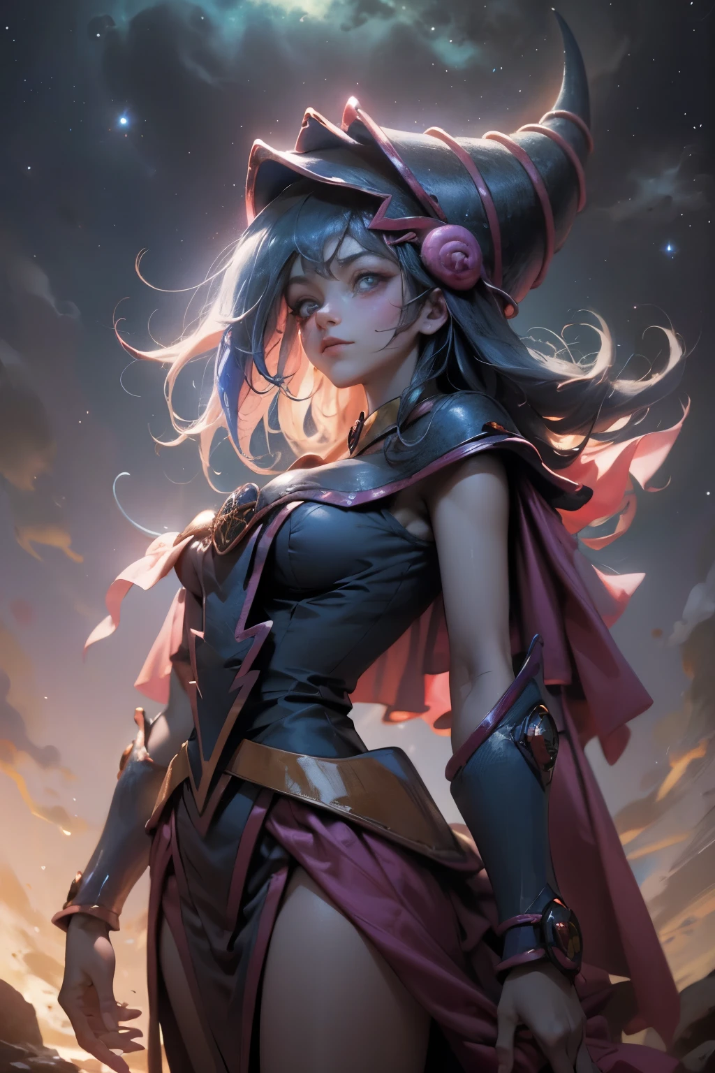 Giles magos oscuros. magos oscuros. ojos azules. cabello rubio. labios rojos. Detailed Features.., cosmic colors, ethereal lighting, Pintura surrealista, high resolution, otherworldly atmosphere, Seres celestiales. Hermosa diosa