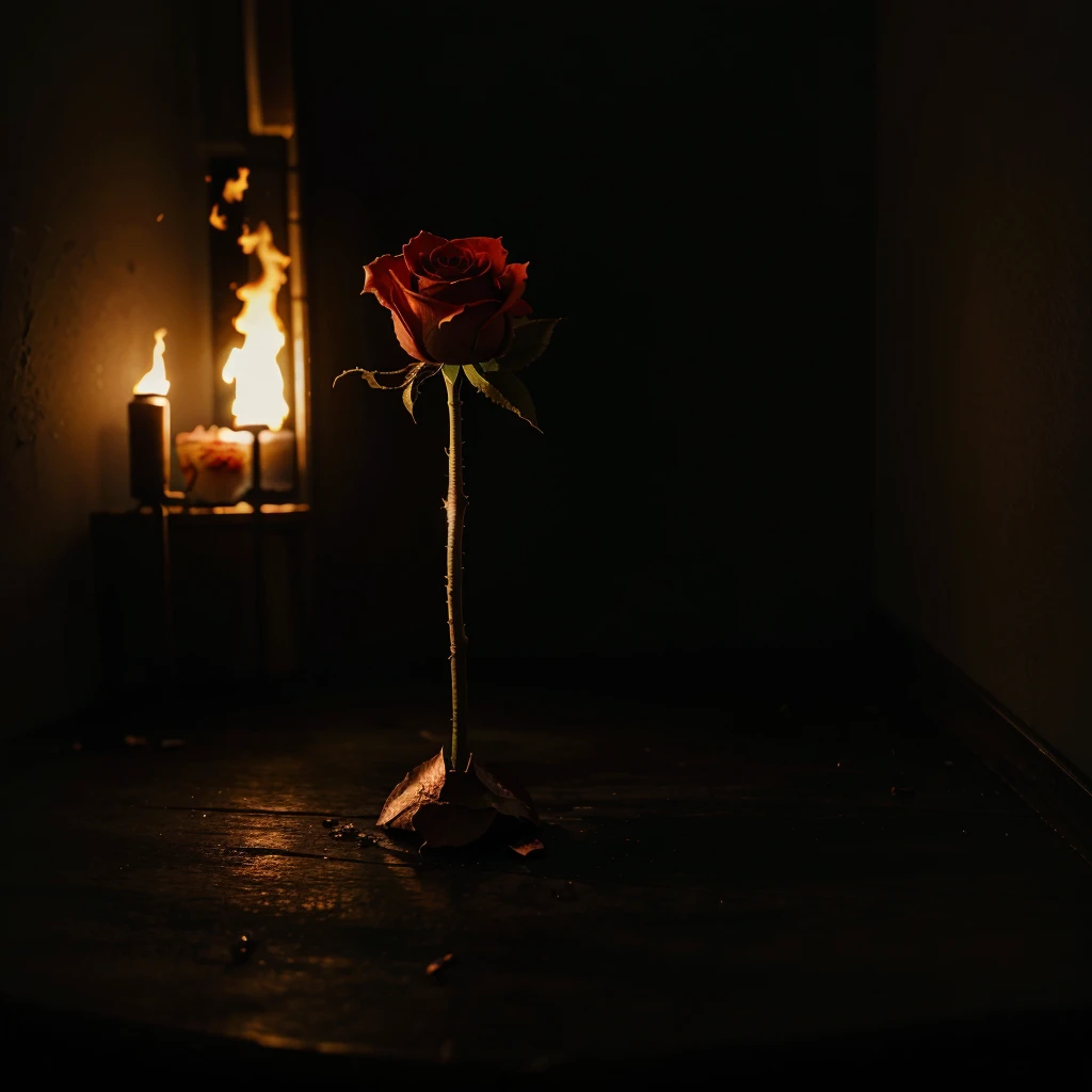 PERFECT PICTURE OF A ROSE IN A DARK ROOM ON FIRE