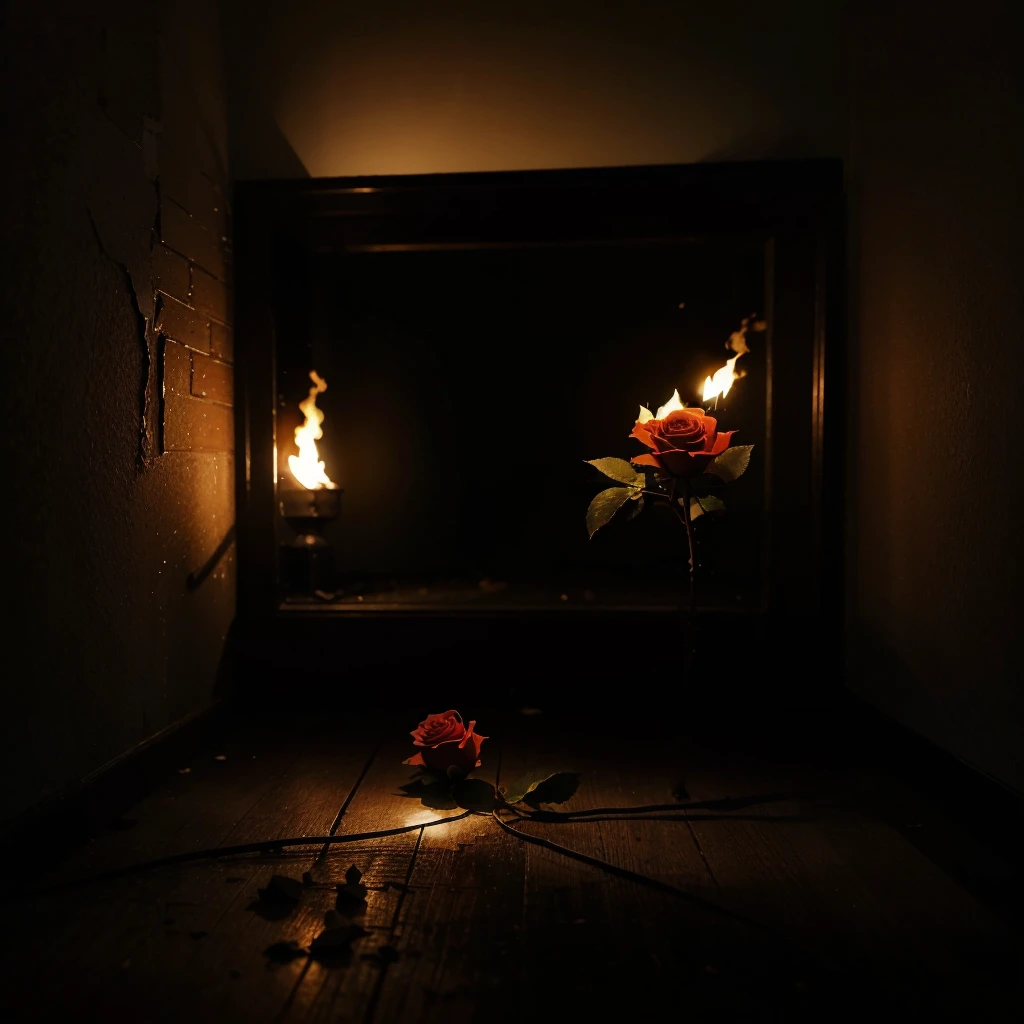 PERFECT PICTURE OF A ROSE IN A DARK ROOM ON FIRE