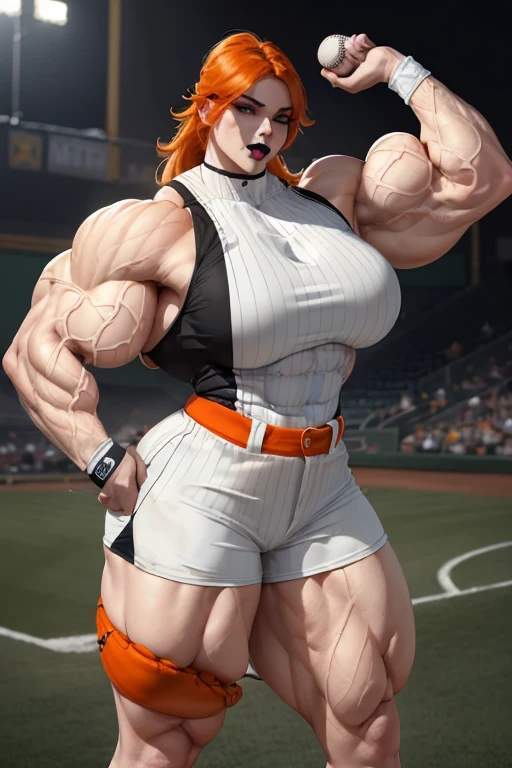 (((((Massive, tall, beautiful, pale white skinned, buff, muscular woman with orange hair, black lipstick, ginormous bulky muscles and wearing a black and white stripe baseball jersey with shorts))))), (close view), (massive muscles), massive biceps, hyper muscle shoulders, vascular shoulders, hyper muscle triceps, (shaggy long hair), green eyes, (wristbands), choker, sneakers, (in a baseball field), confident smirk, night, hyper vascular arm, hyper muscles arms, hyper muscle legs, massive arms.