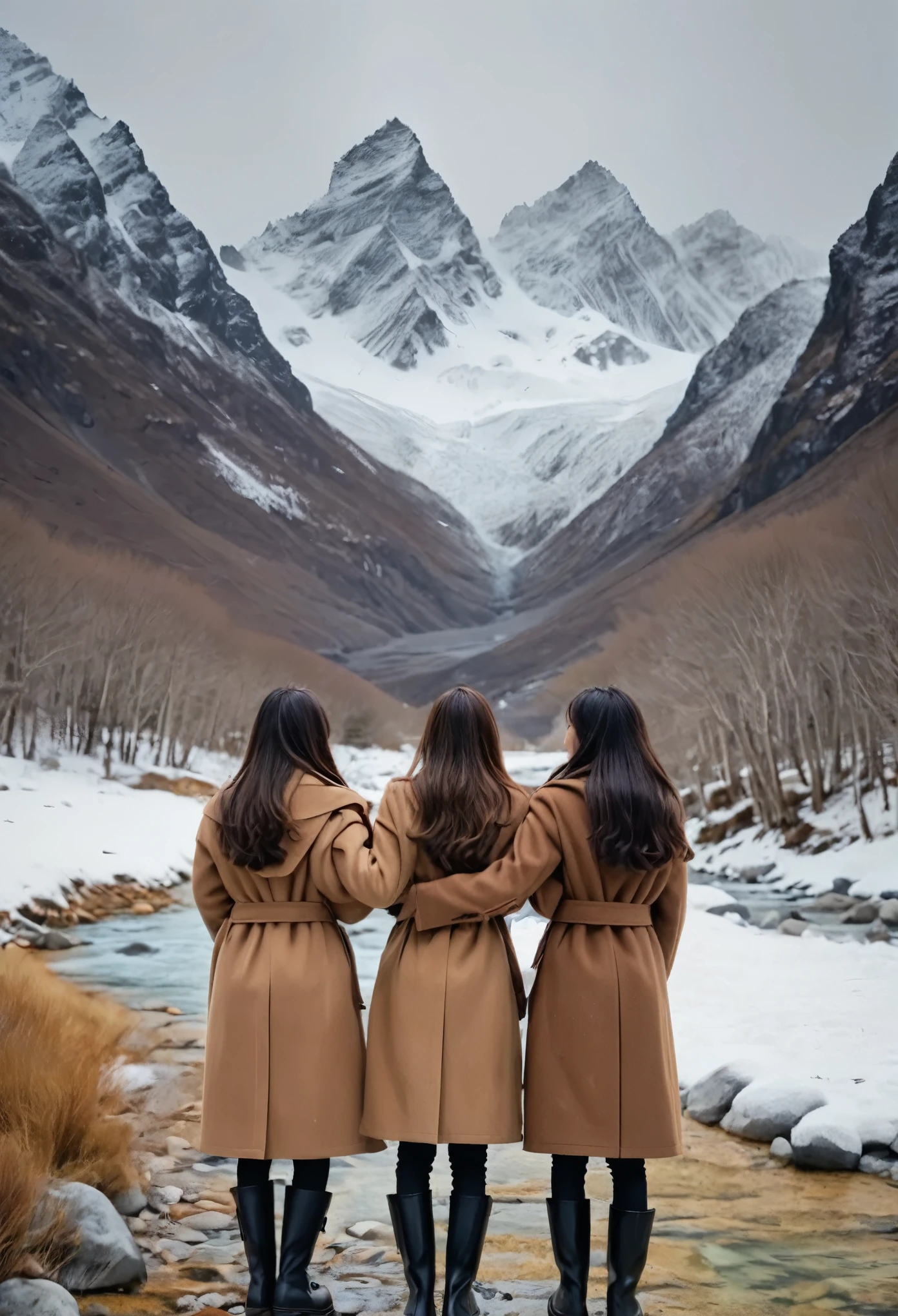 Snowy mountains in the background and crystalline stream, 4 friends hugging with their backs to the camera, a ninguna se le ve el rostro, They wear long coats and boots because of the cold., They all have long wavy brown hair., maletas en mano
