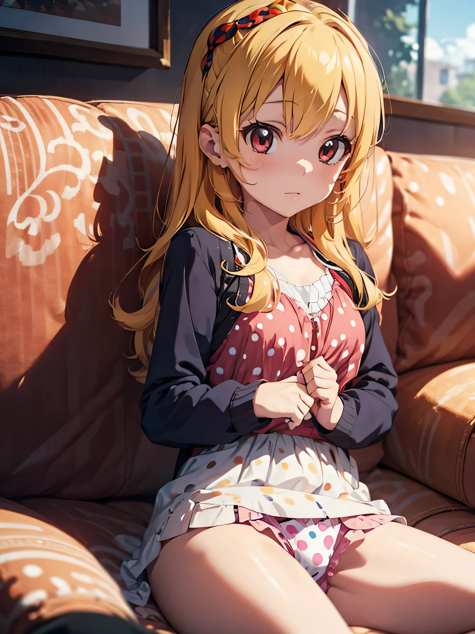 an anime girl sits on the couch in her underwear and polka dots, 1girl, jougasaki rika, ass, solo, blonde hair, long hair, underwear, ass focus, panties, barefoot, polka dot,comeltoe