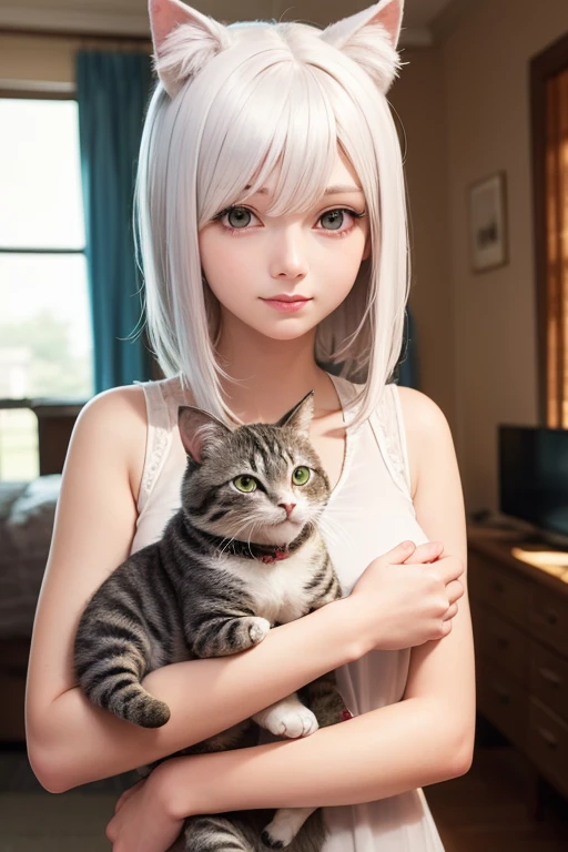 Anime girl with white hair and blue eyes holding a cat, beautiful Anime Catgirl, White cat lady, cute Anime Catgirl, Anime Catgirl, very beautiful Anime Cat girl, Cat ears anime girl, Anime Cat, realistic Anime Cat, Charming cat girl, Gweiz-style artwork, Very beautiful cute cat girl, Anime Style 4k