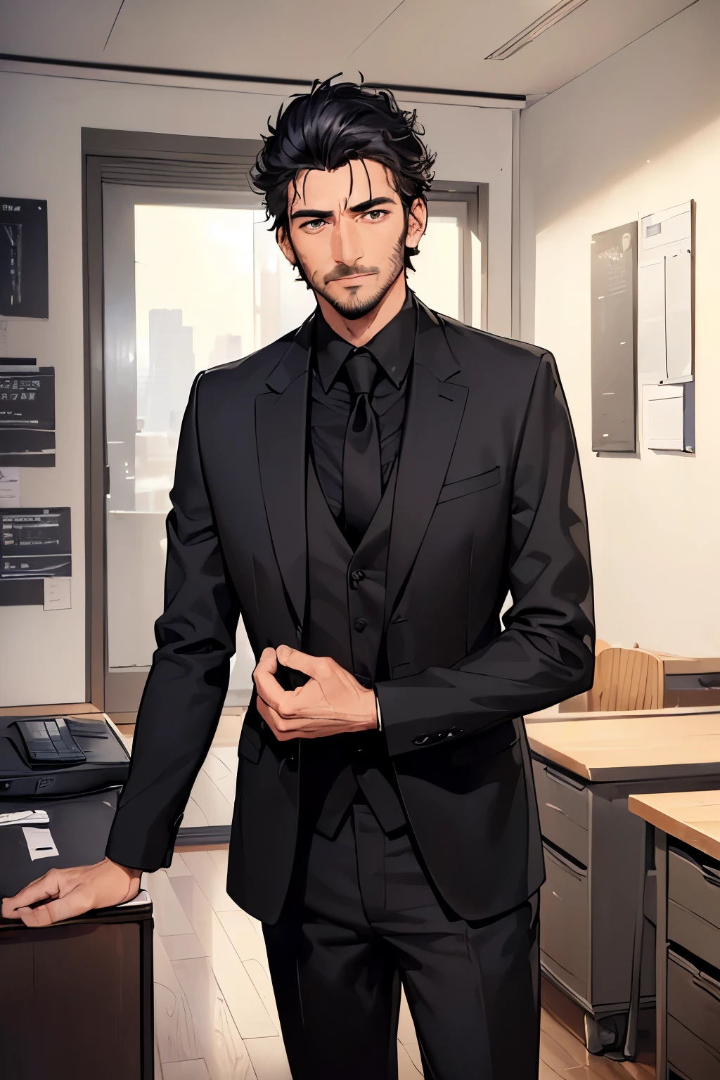 ((best quality)), ((masterpiece)), ((detailed)), (((perfect faces))), (((40yo attractive man in black suit, black shirt))), (((blank expression))), (((black hair))), (((stubble))), (((standing behind desk))), (((wall in background)))